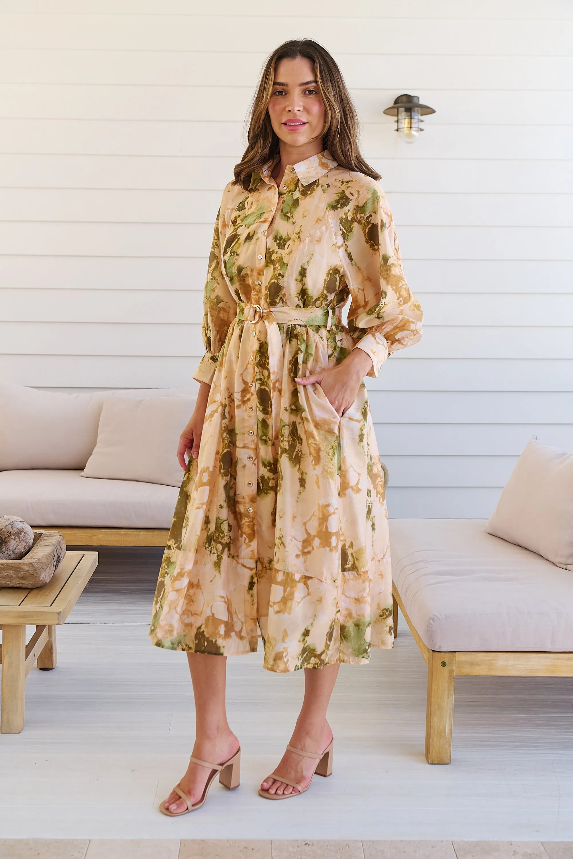 Solange Collared Tie Waist Green/Peach Midi Dress