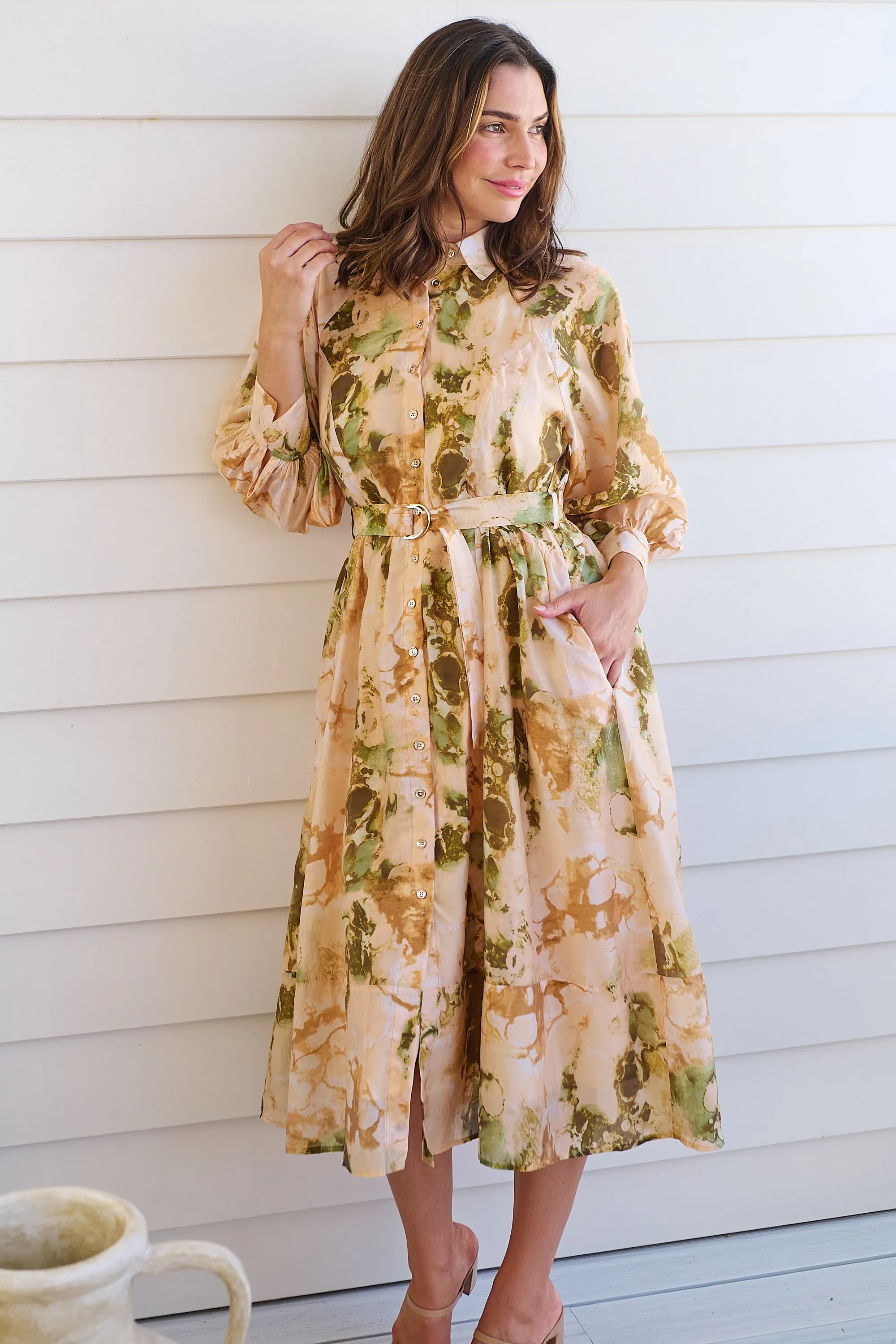 Solange Collared Tie Waist Green/Peach Midi Dress