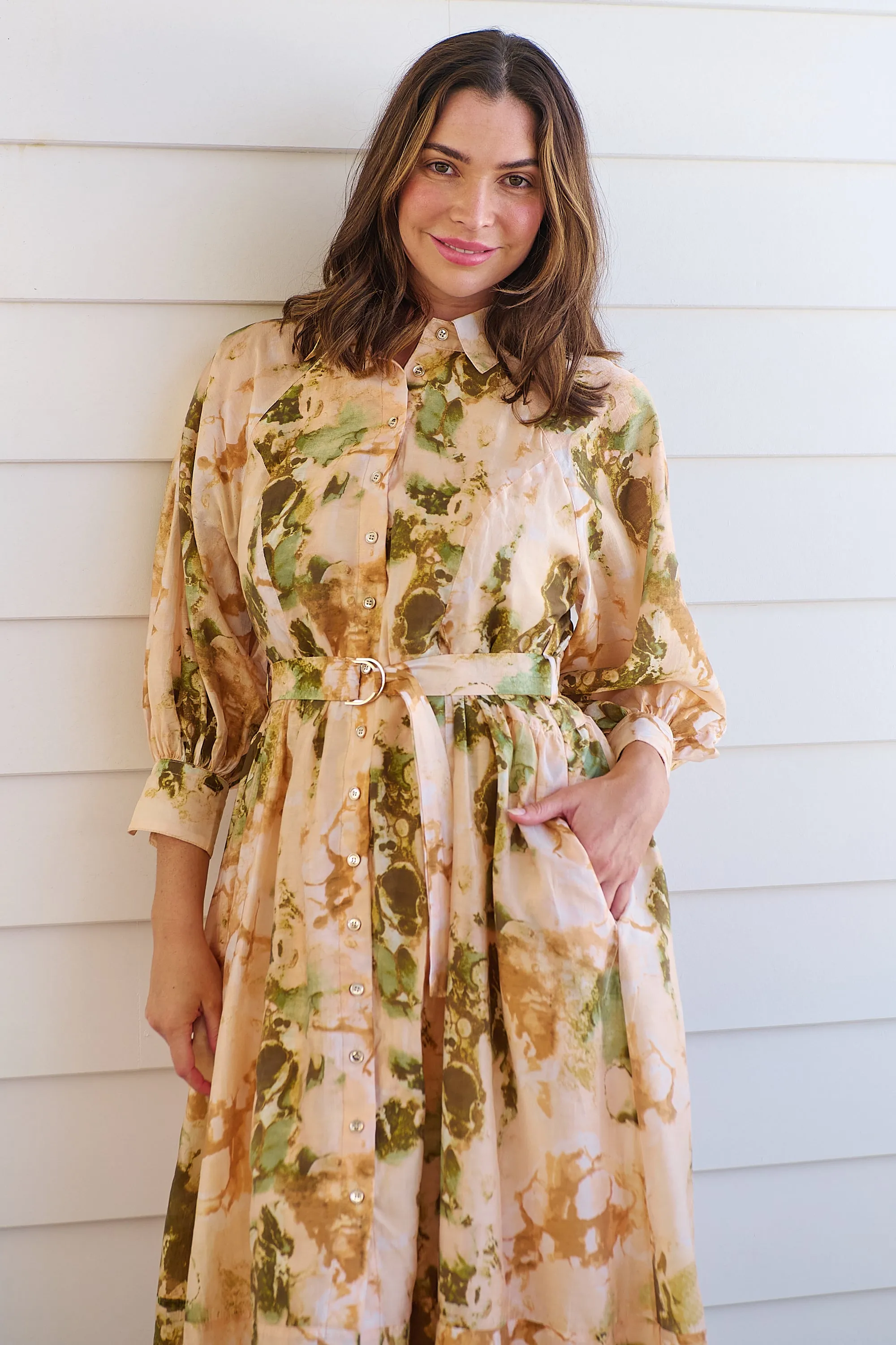 Solange Collared Tie Waist Green/Peach Midi Dress