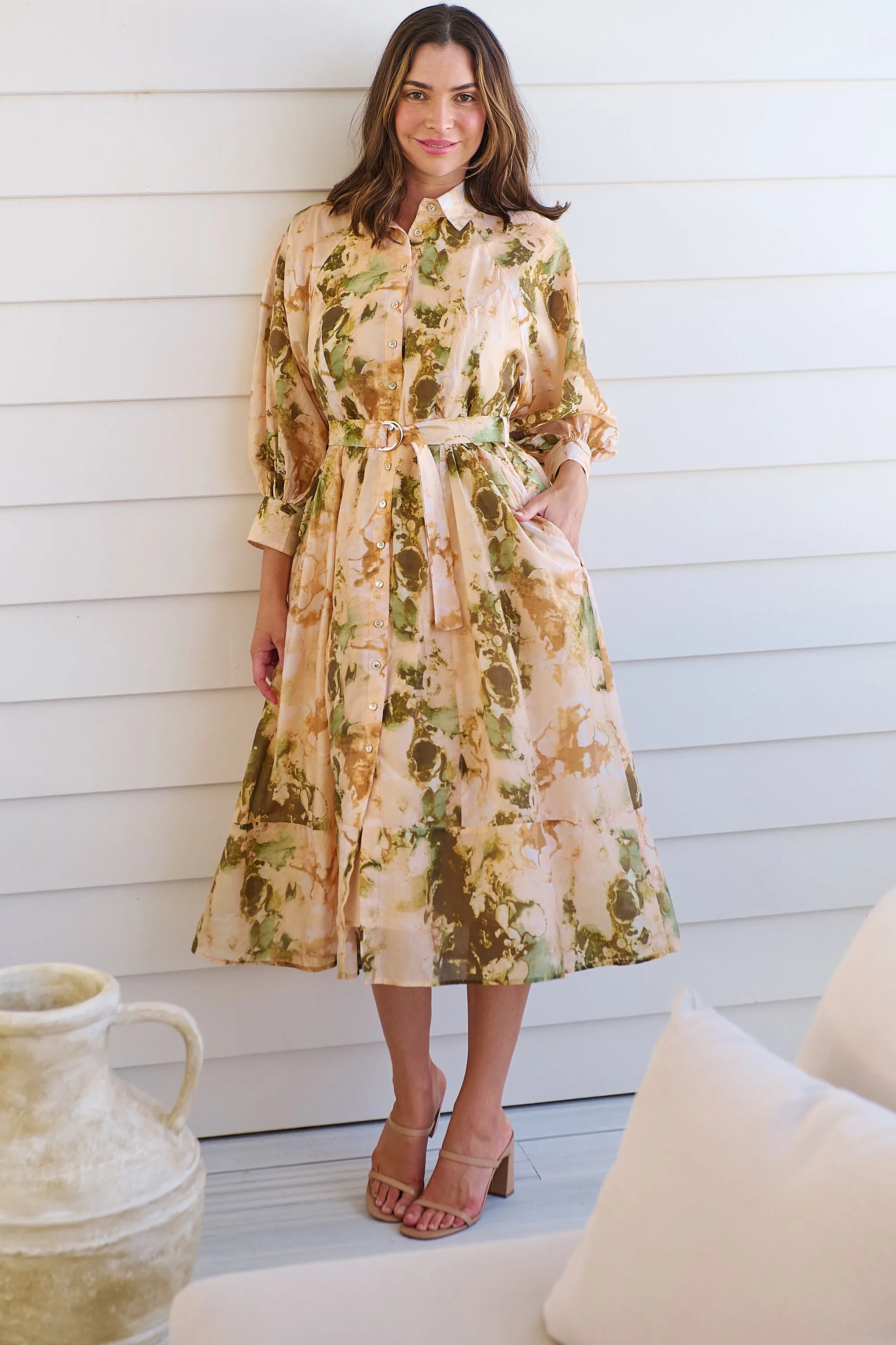 Solange Collared Tie Waist Green/Peach Midi Dress