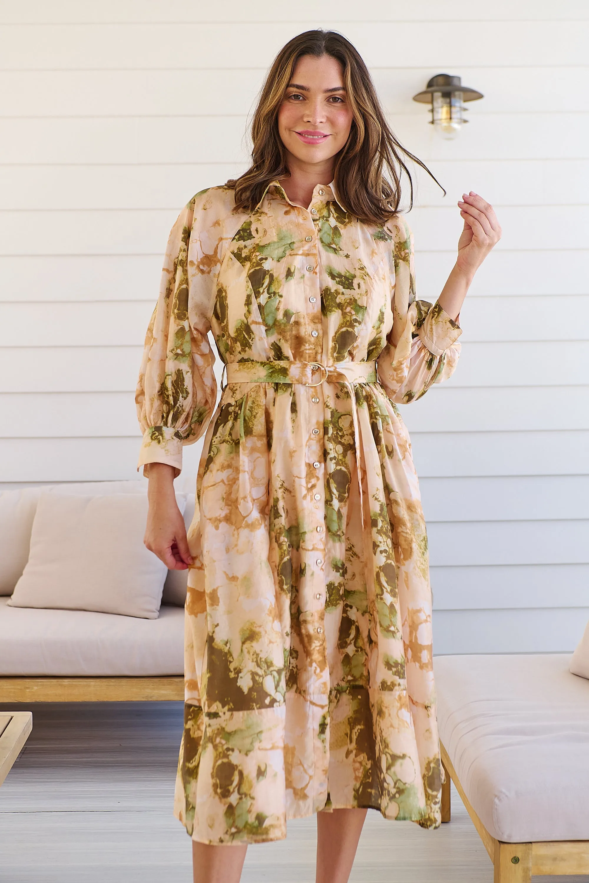 Solange Collared Tie Waist Green/Peach Midi Dress