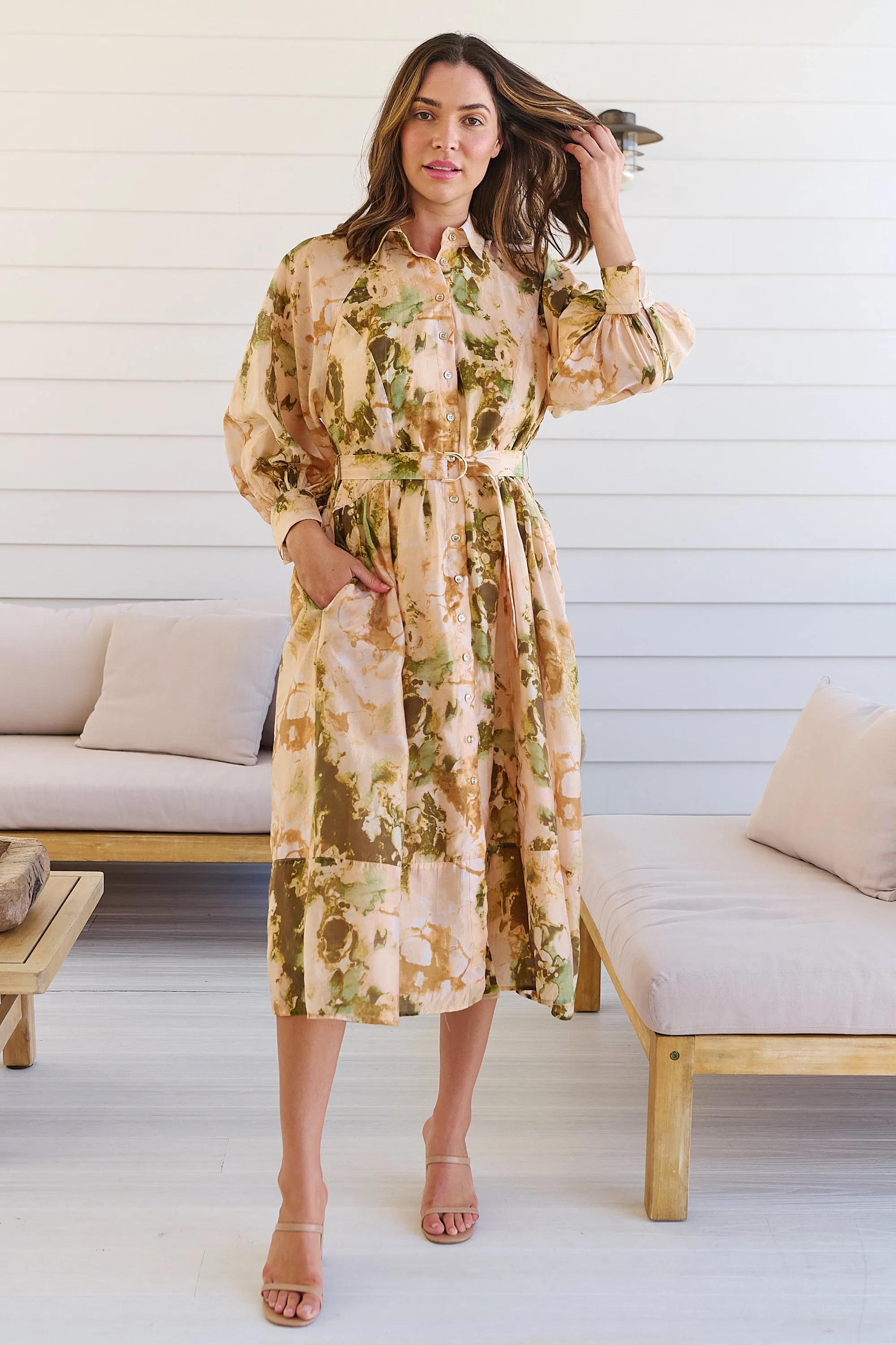 Solange Collared Tie Waist Green/Peach Midi Dress