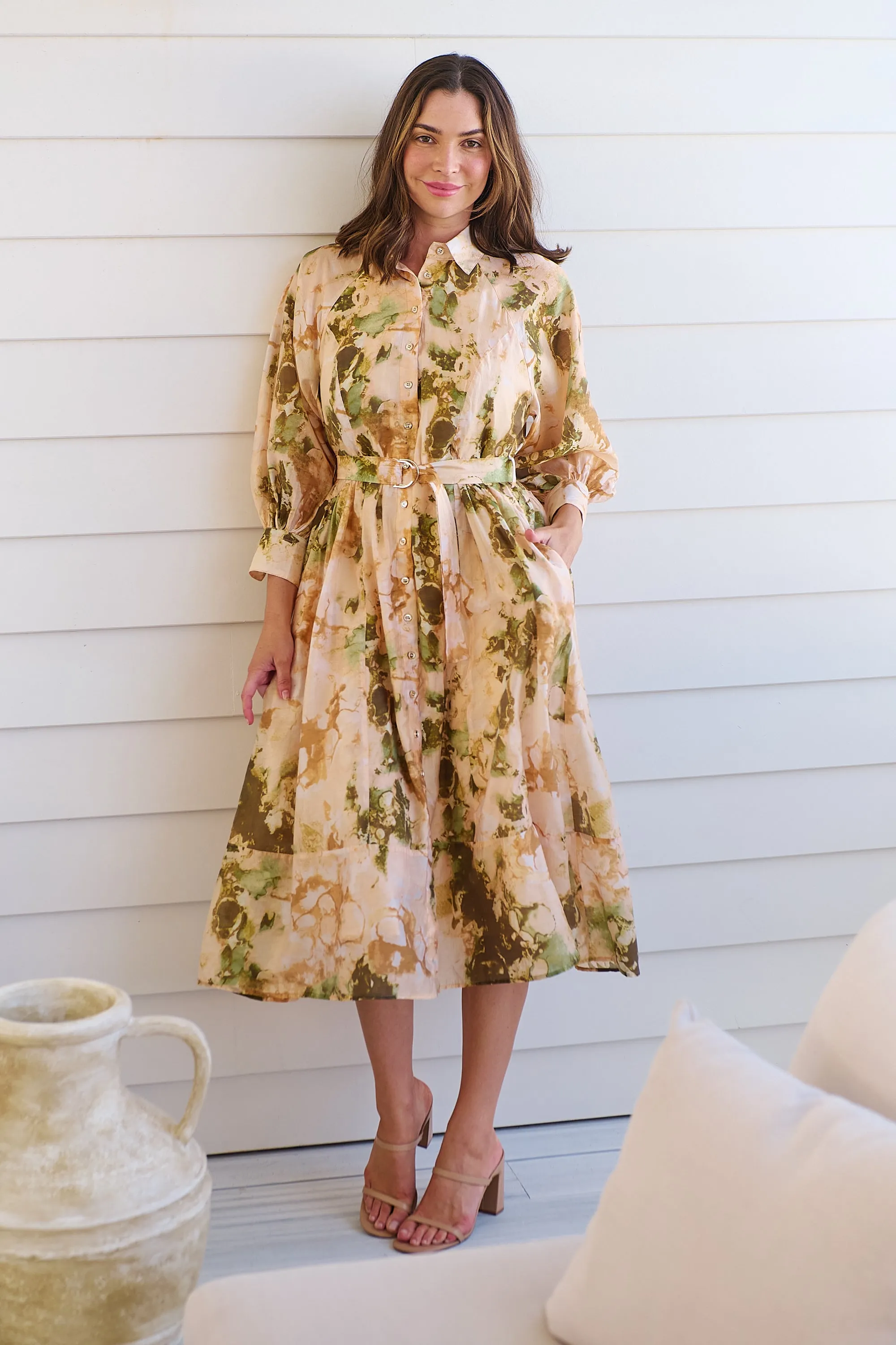 Solange Collared Tie Waist Green/Peach Midi Dress