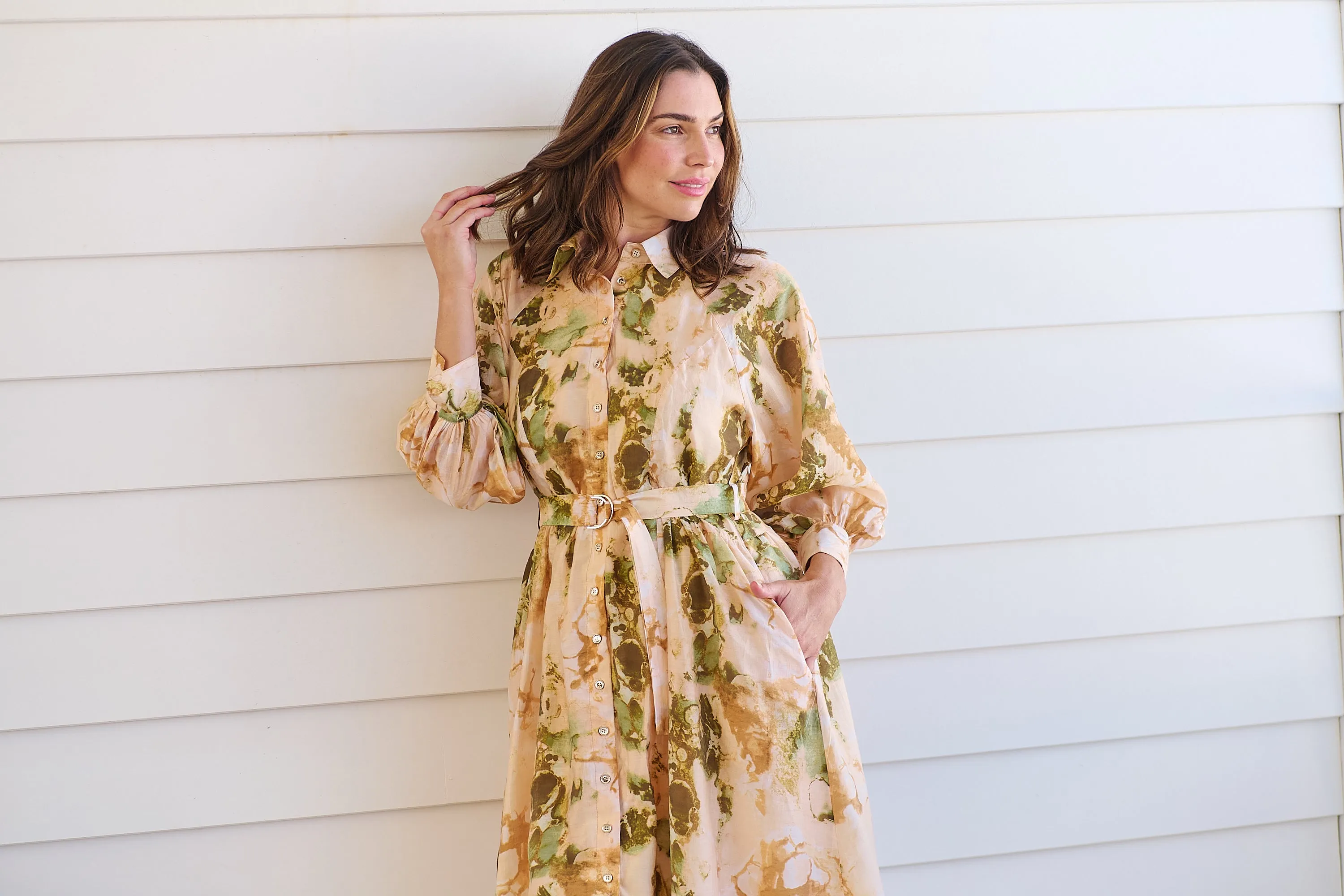 Solange Collared Tie Waist Green/Peach Midi Dress