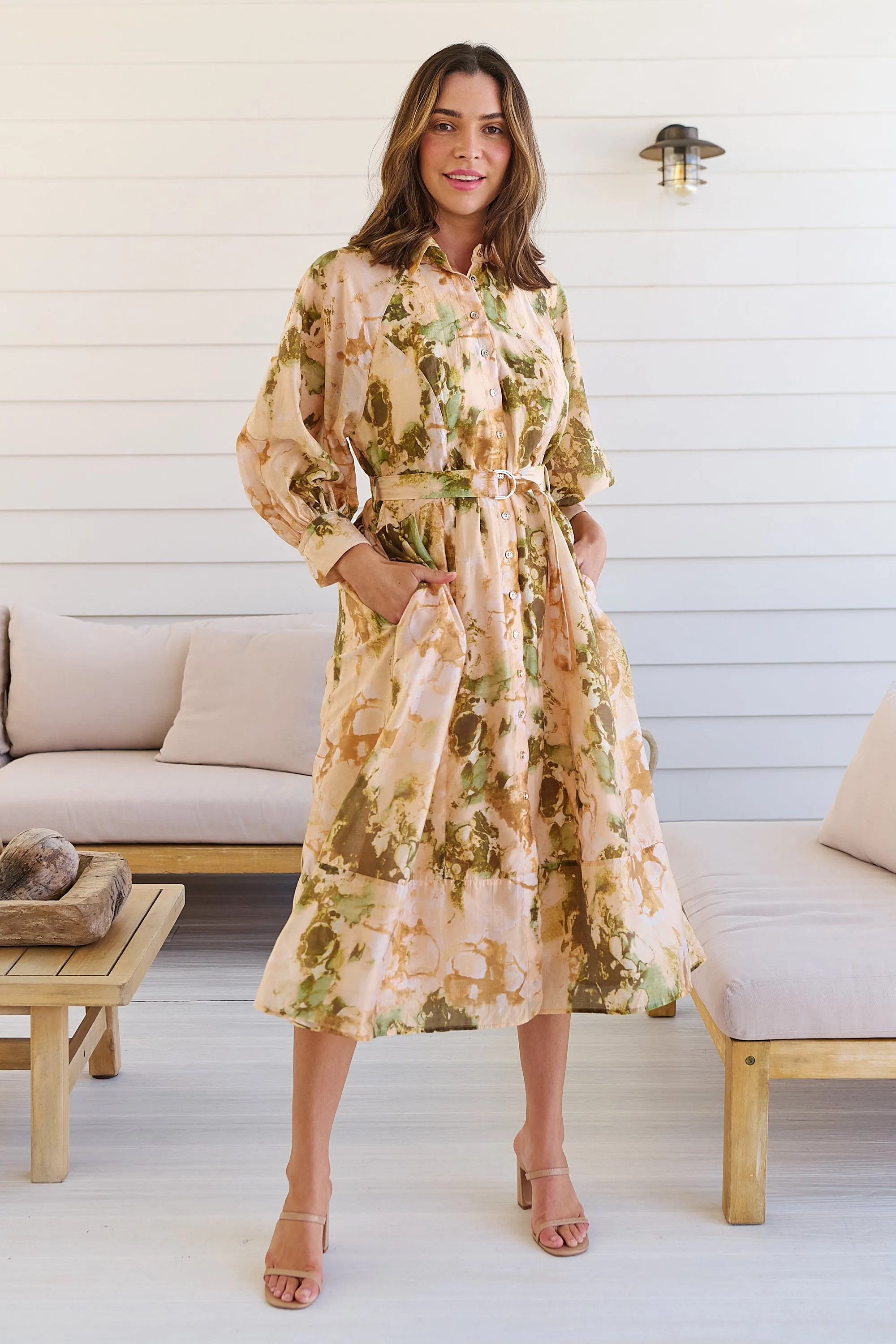 Solange Collared Tie Waist Green/Peach Midi Dress