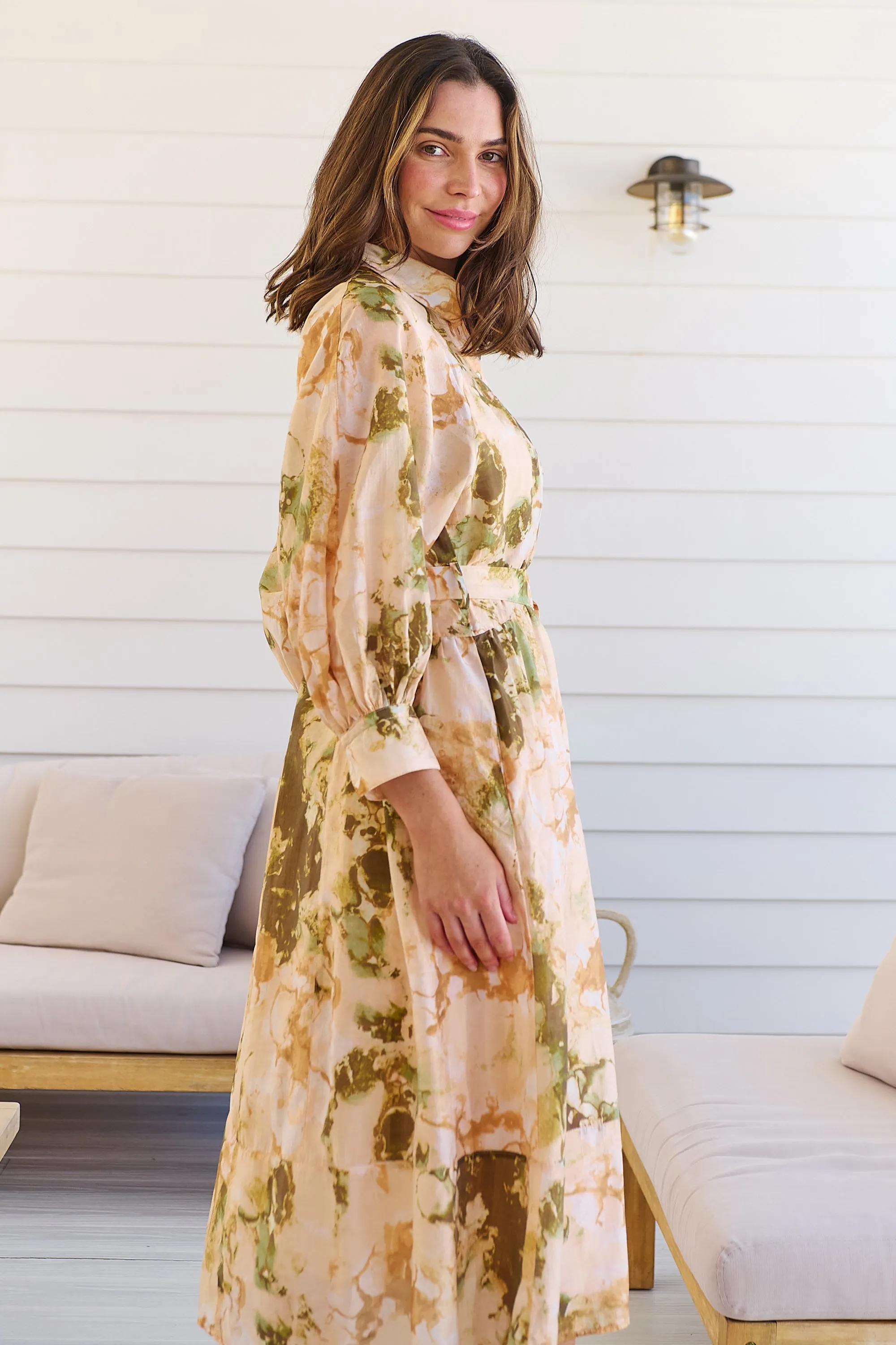 Solange Collared Tie Waist Green/Peach Midi Dress
