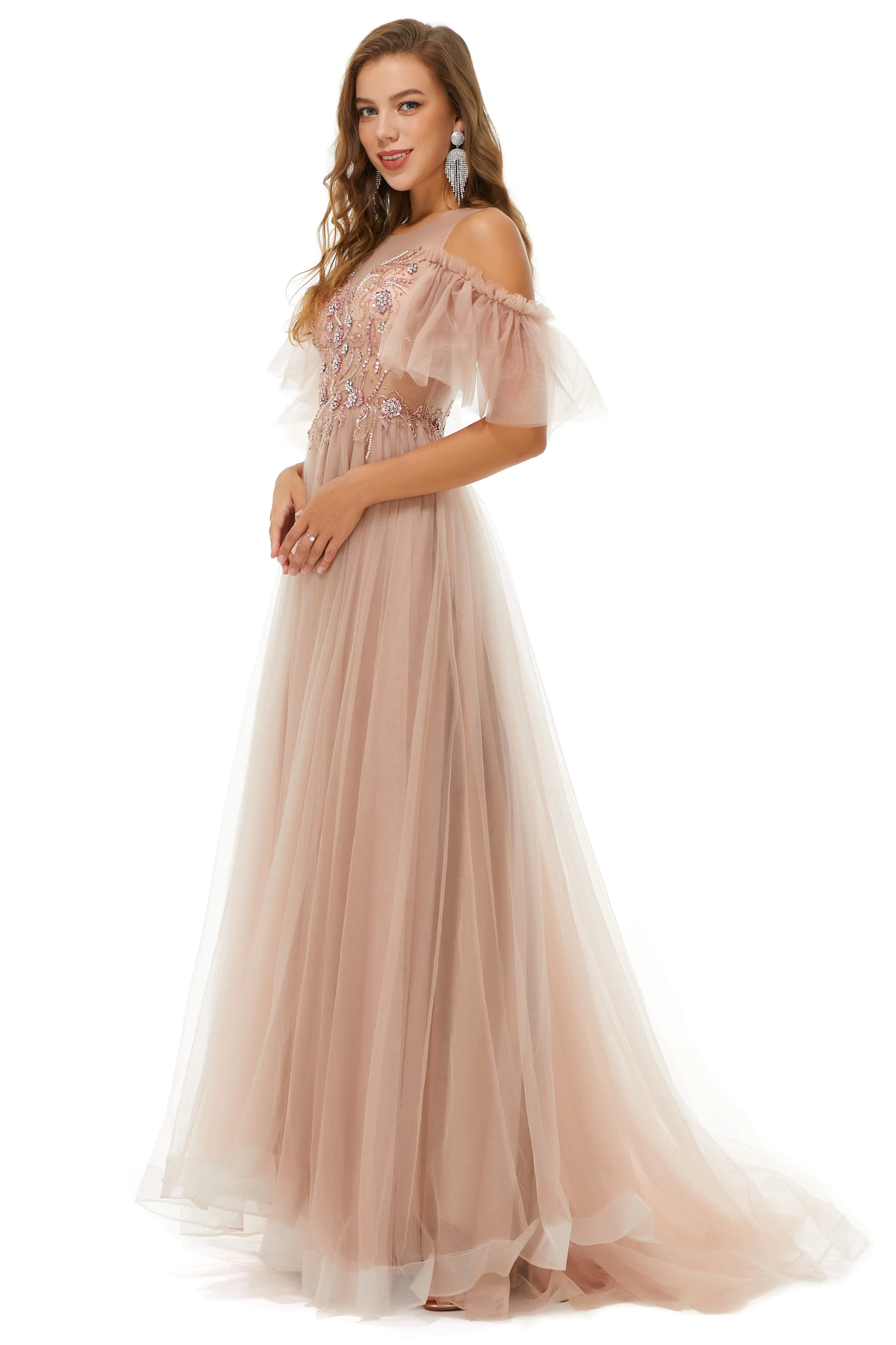 Sparkle Beaded Cool Shoulder A-Line Beaded Prom Dresses