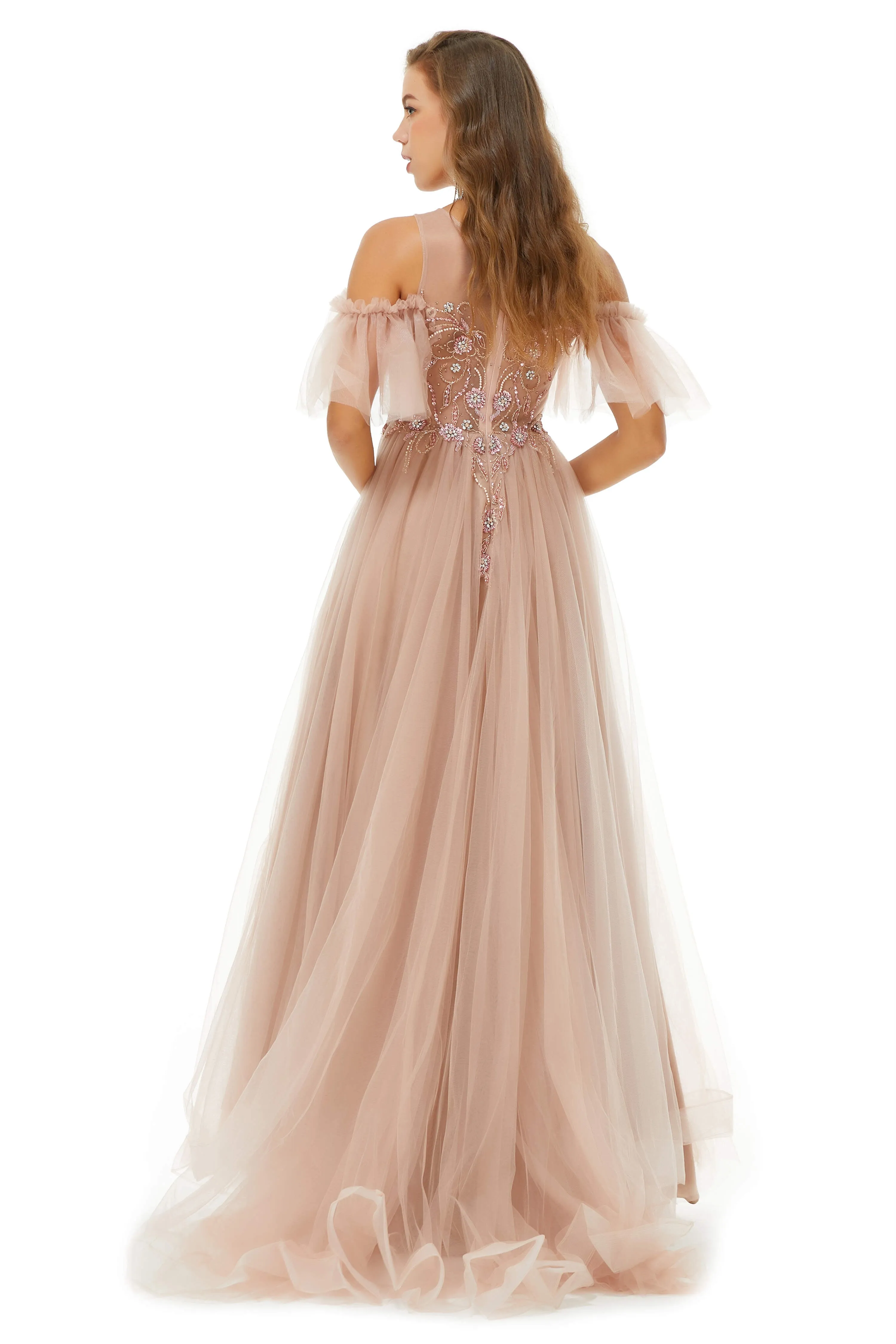 Sparkle Beaded Cool Shoulder A-Line Beaded Prom Dresses