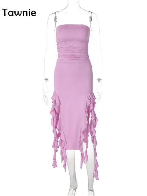 Tawnie Sexy Ruffles Midi Dress Strapless