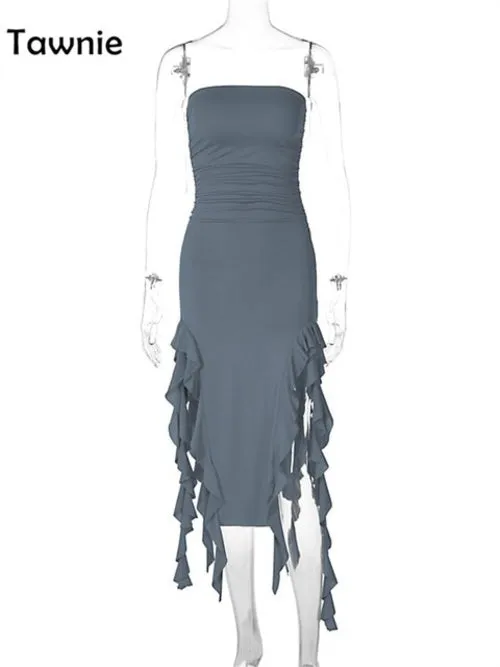 Tawnie Sexy Ruffles Midi Dress Strapless