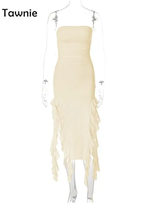 Tawnie Sexy Ruffles Midi Dress Strapless