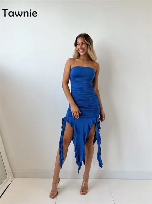 Tawnie Sexy Ruffles Midi Dress Strapless