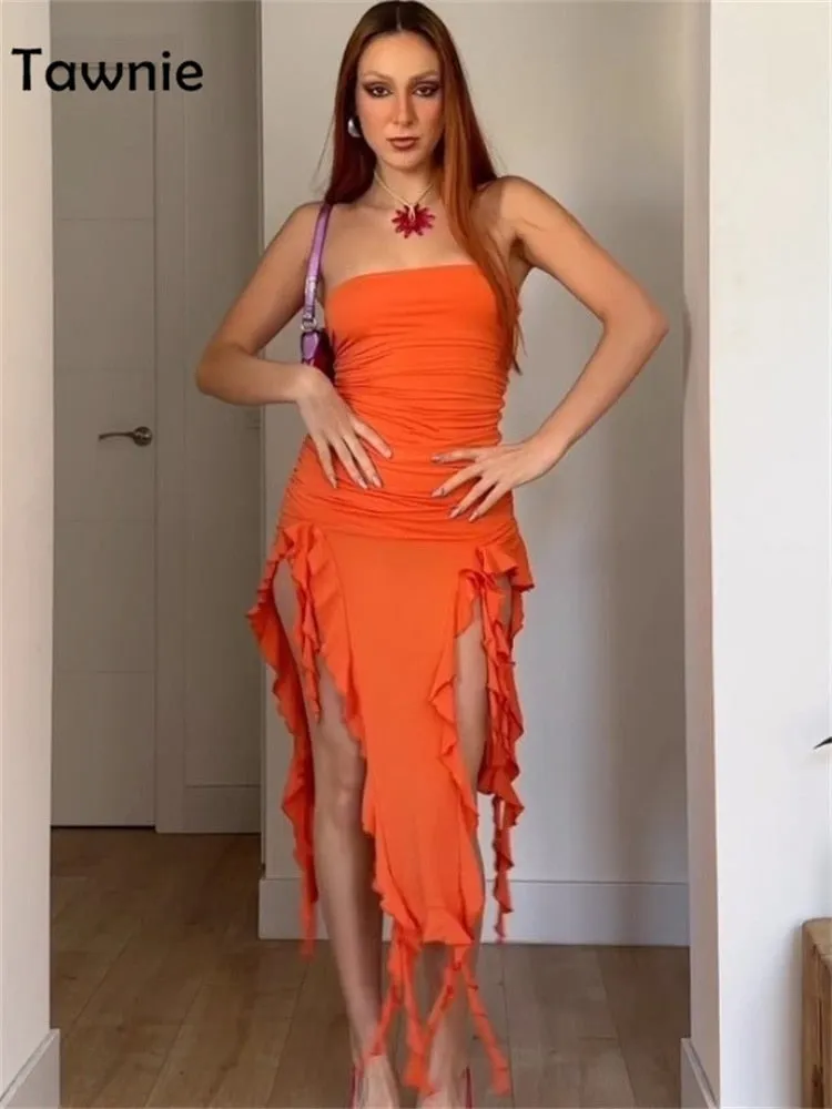Tawnie Sexy Ruffles Midi Dress Strapless