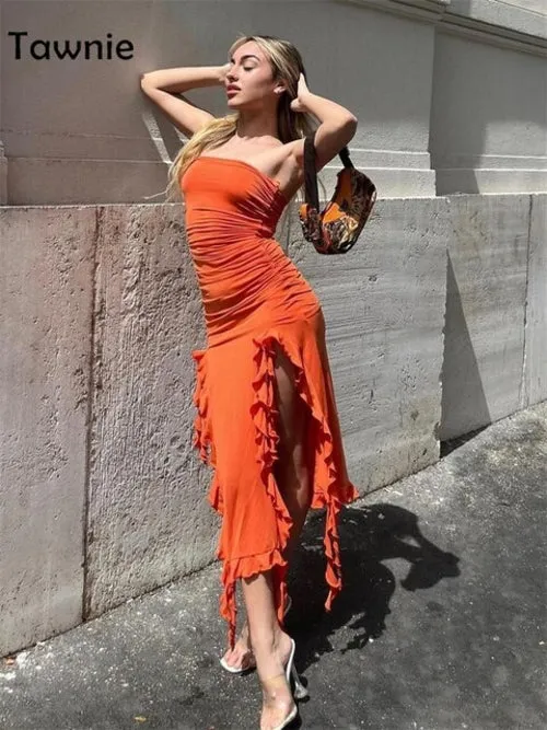 Tawnie Sexy Ruffles Midi Dress Strapless