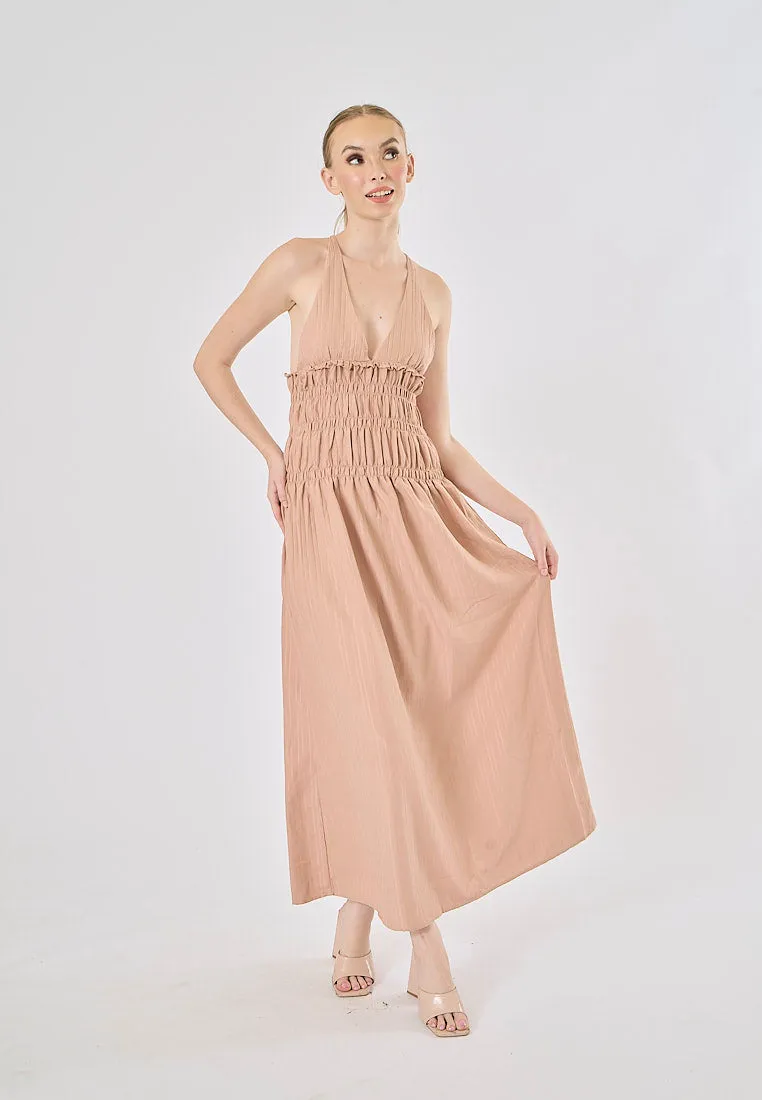 Verona Tea Rose V-Neck Back Hollow Out Elastic Waist Midi Dress