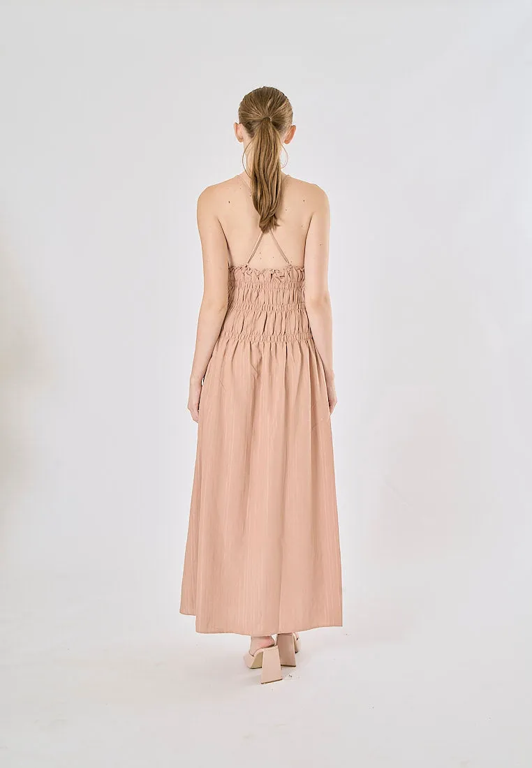 Verona Tea Rose V-Neck Back Hollow Out Elastic Waist Midi Dress
