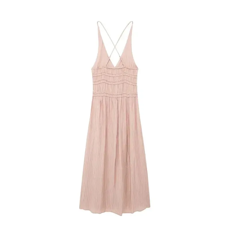 Verona Tea Rose V-Neck Back Hollow Out Elastic Waist Midi Dress