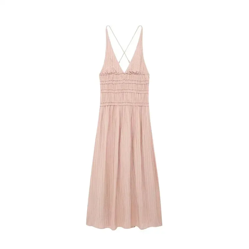 Verona Tea Rose V-Neck Back Hollow Out Elastic Waist Midi Dress