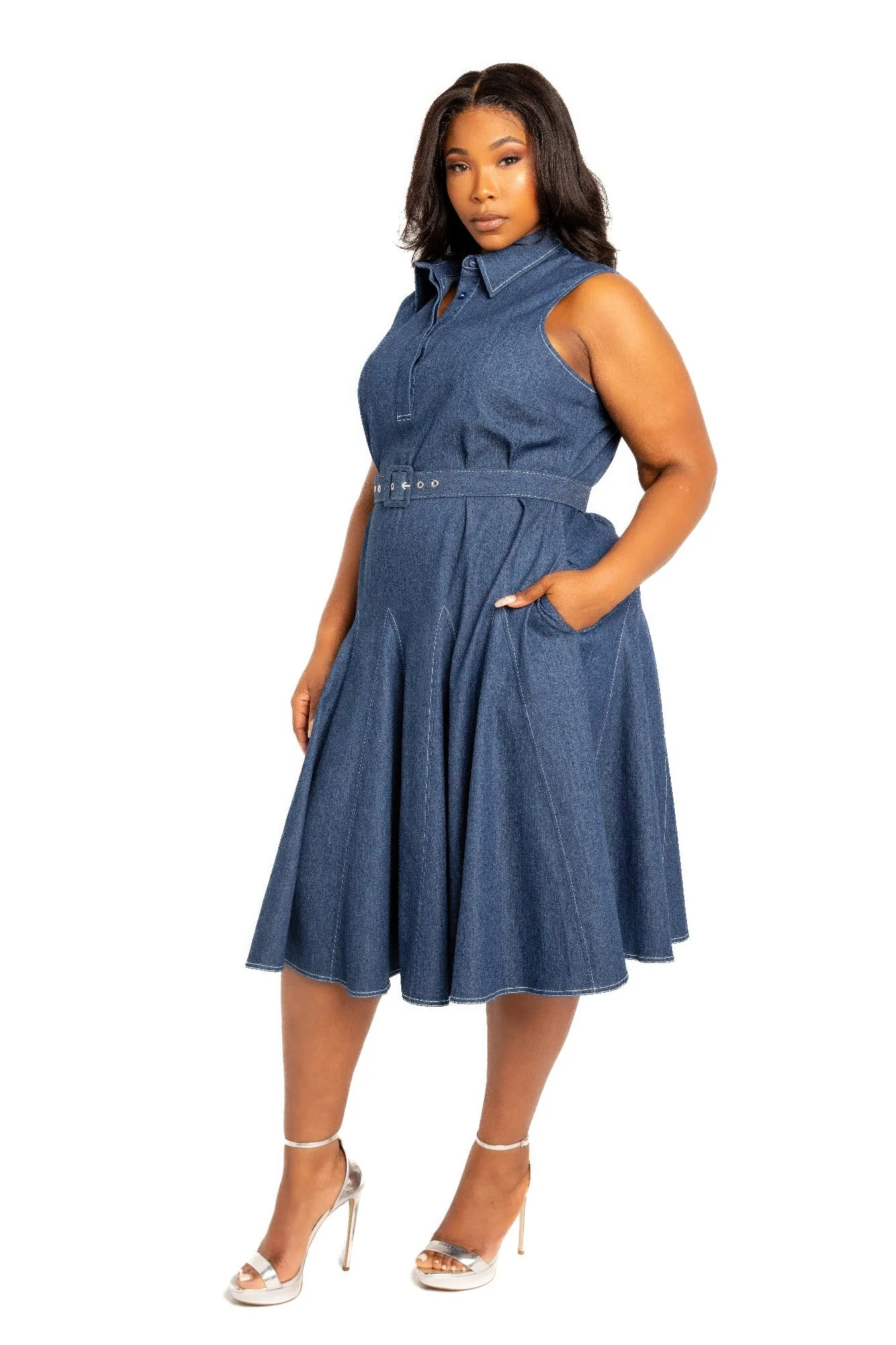 Washed Denim Dress with Belt