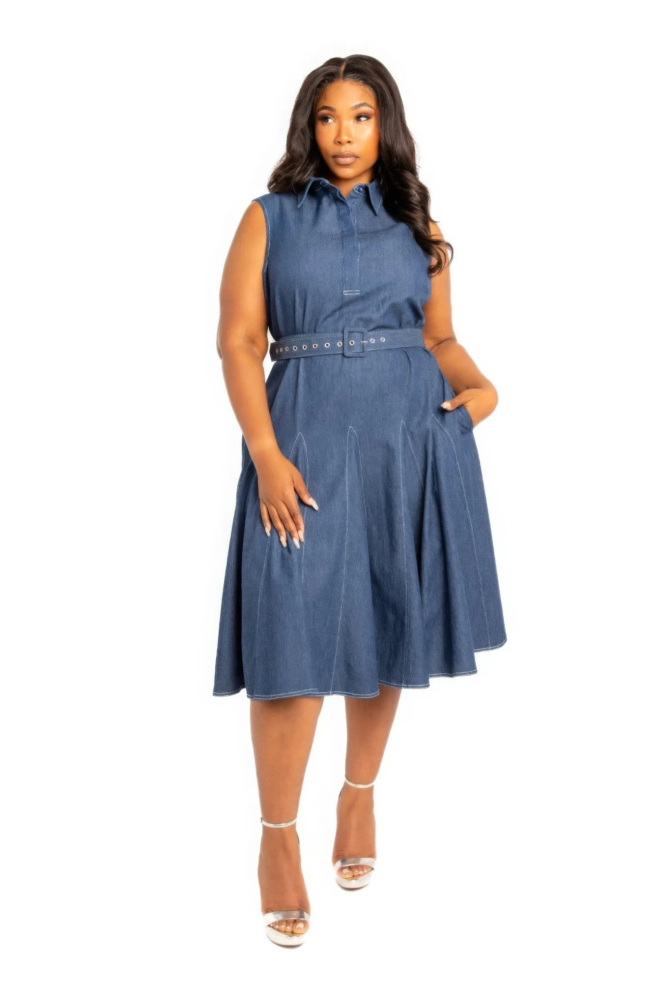 Washed Denim Dress with Belt