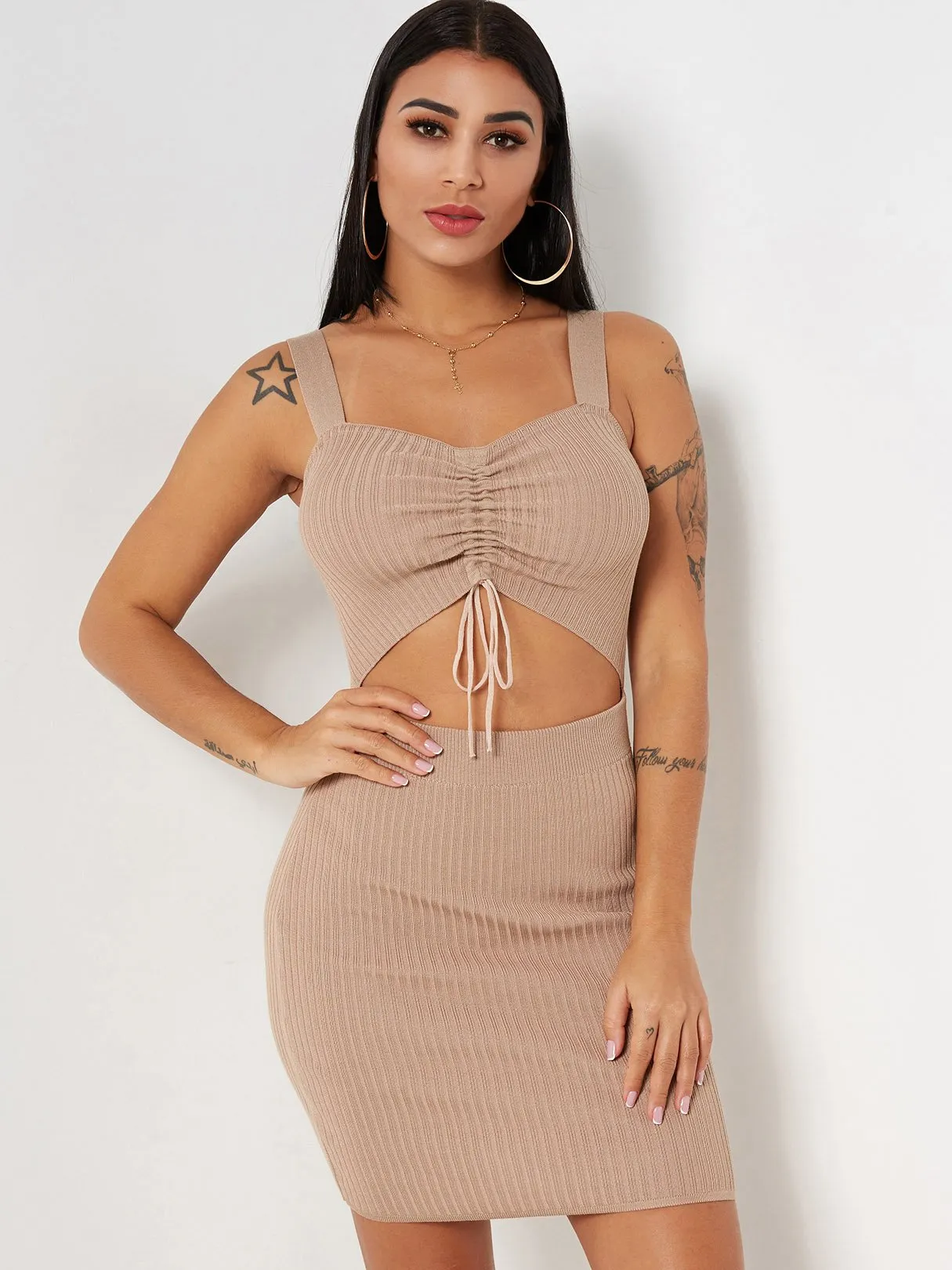 Wholesale Beige Square Neck Sleeveless Plain Cut Out Self-Tie Sexy Dresses