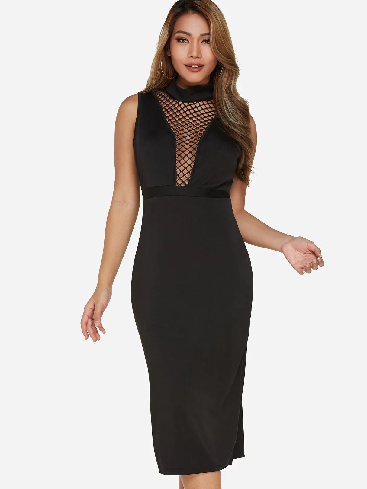 Wholesale Black Chimney Collar Sleeveless Backless Hollow Slit Hem Sexy Dresses