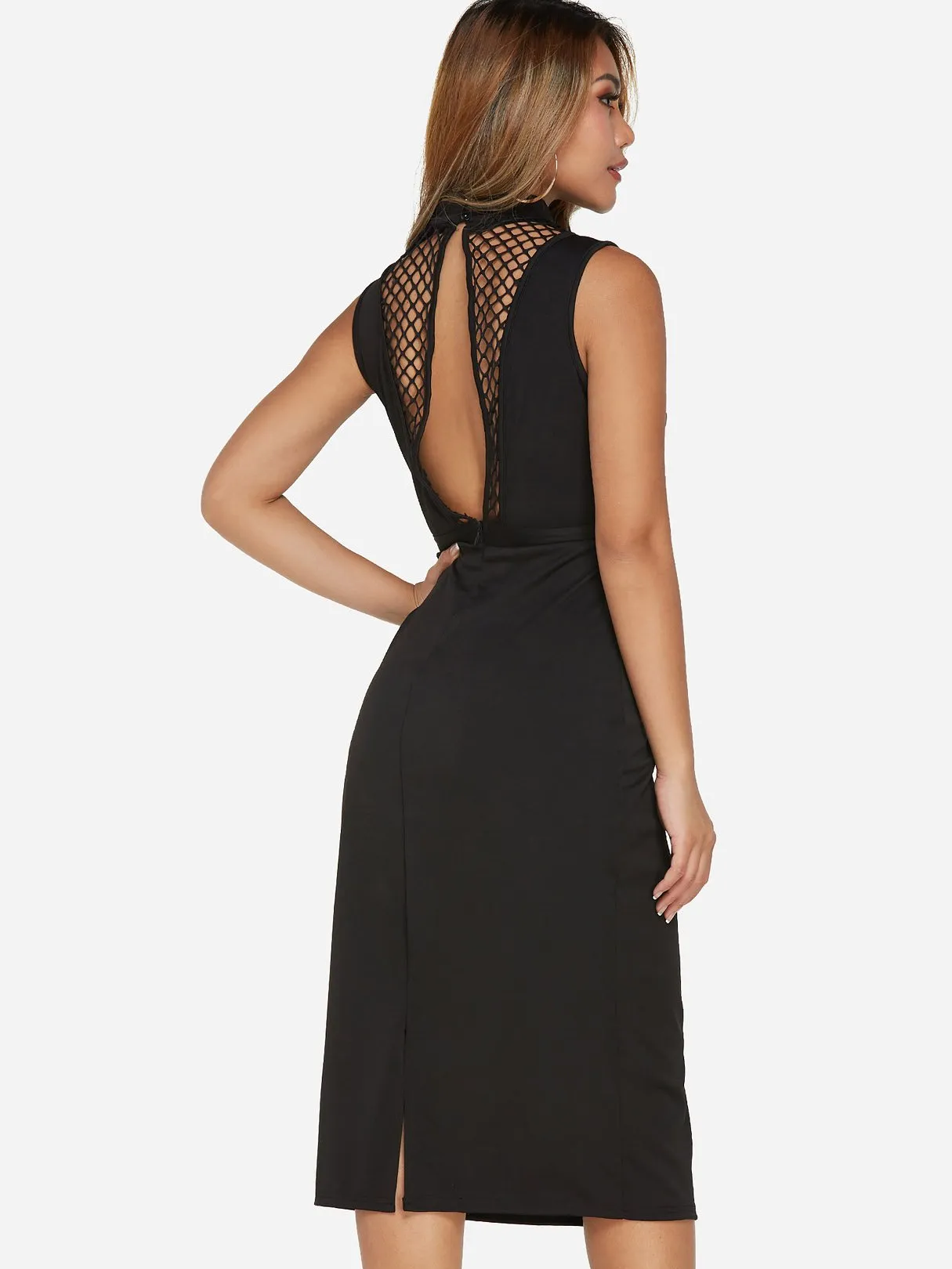 Wholesale Black Chimney Collar Sleeveless Backless Hollow Slit Hem Sexy Dresses