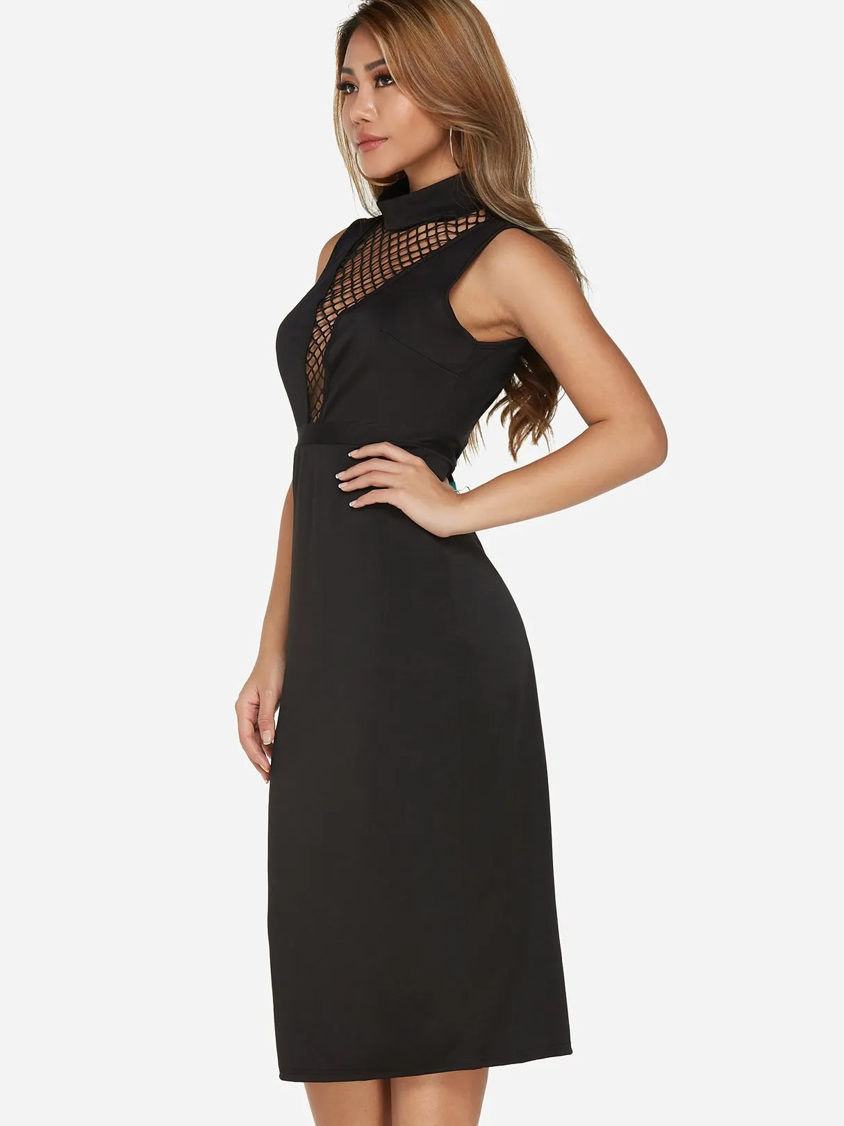Wholesale Black Chimney Collar Sleeveless Backless Hollow Slit Hem Sexy Dresses