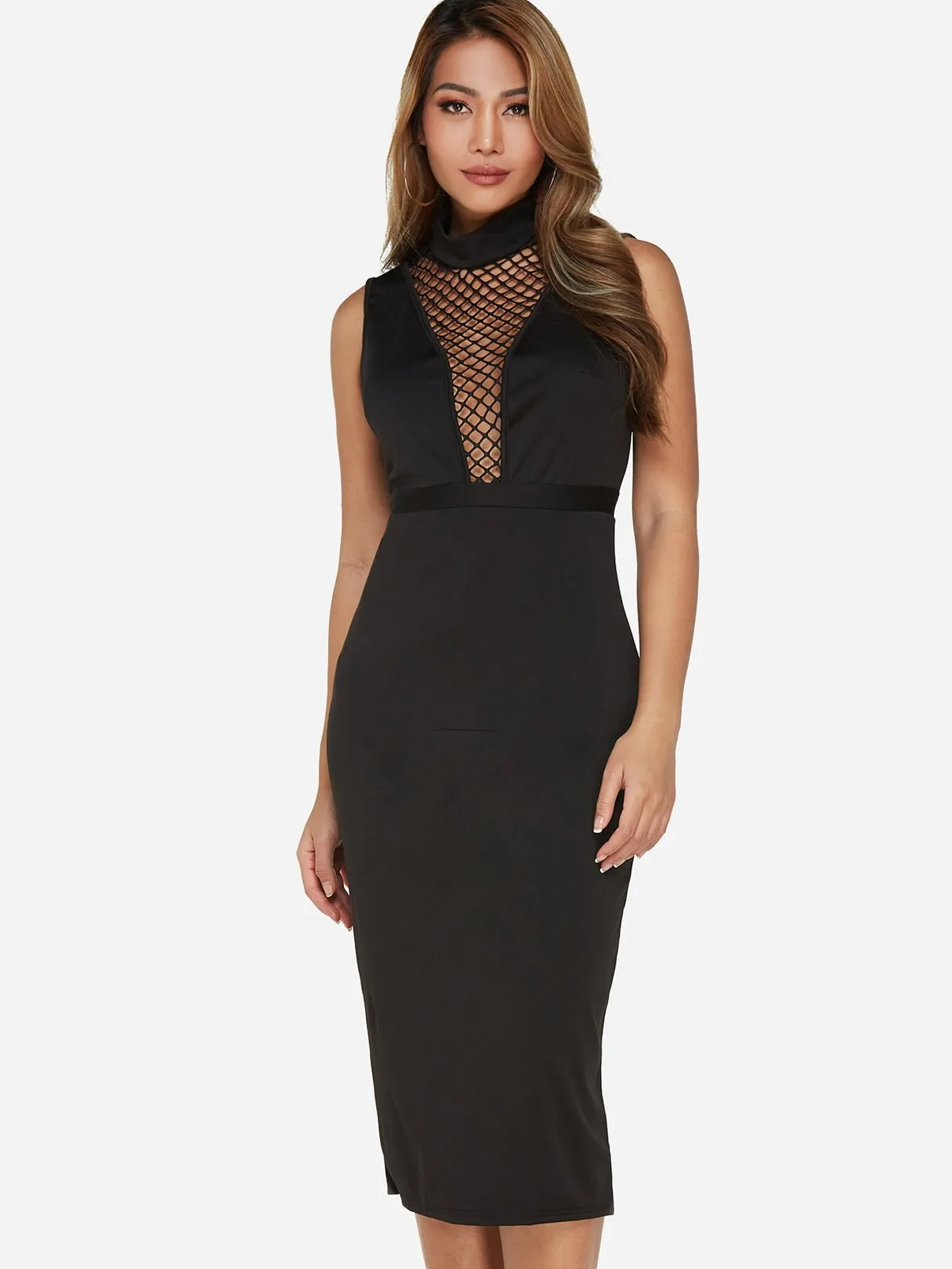 Wholesale Black Chimney Collar Sleeveless Backless Hollow Slit Hem Sexy Dresses