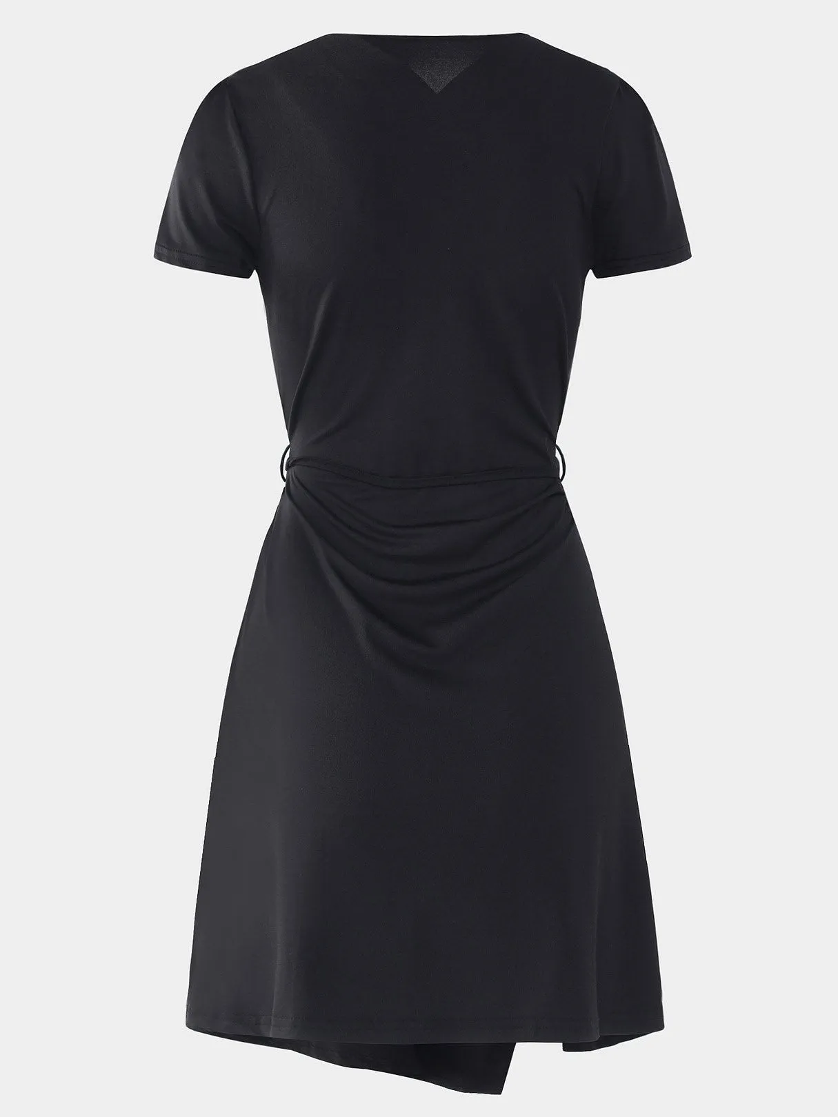Wholesale Black Deep V Neck Short Sleeve Plain Lace-Up Irregular Hem Sexy Dresses
