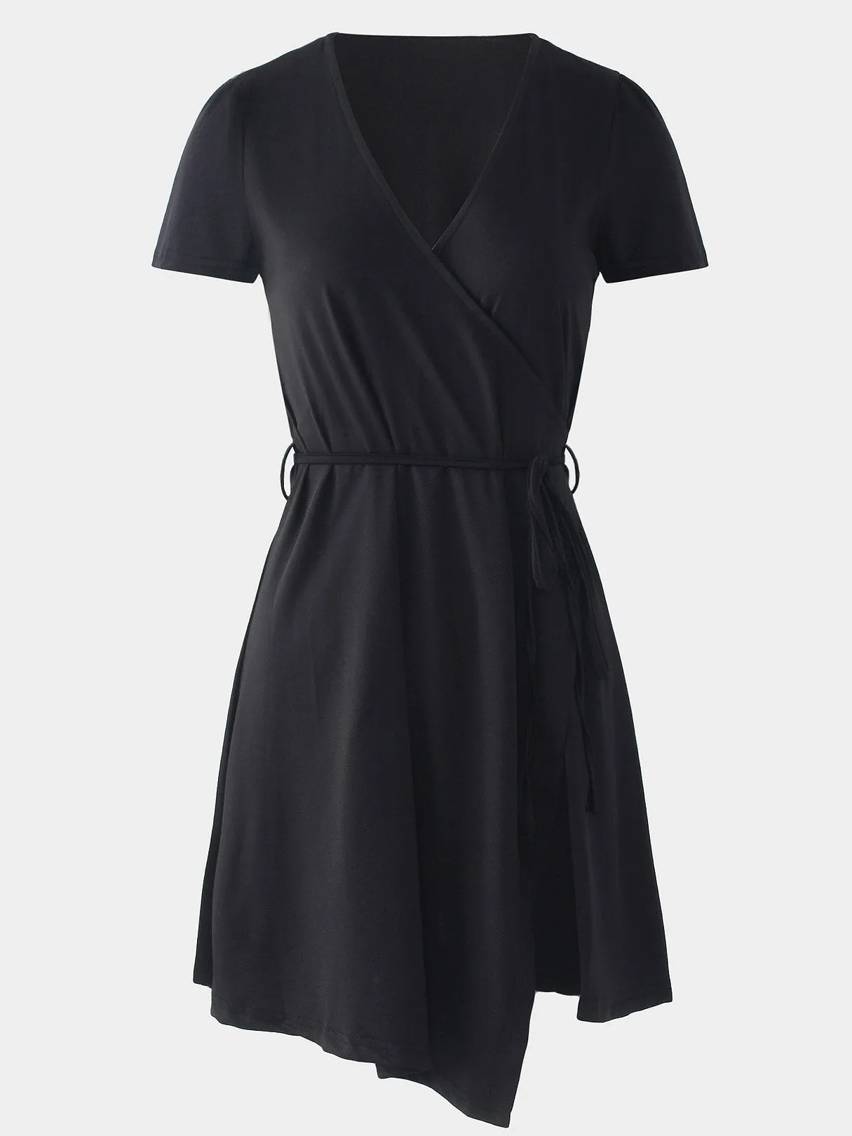 Wholesale Black Deep V Neck Short Sleeve Plain Lace-Up Irregular Hem Sexy Dresses
