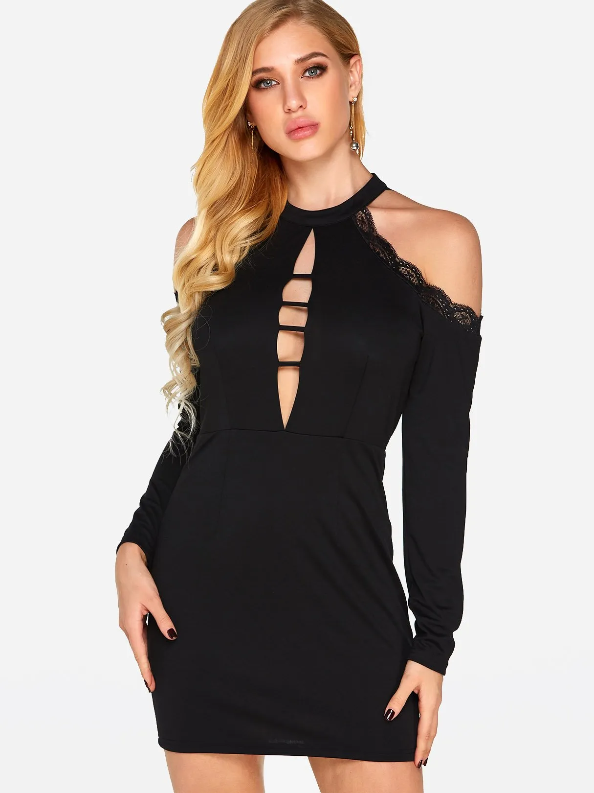 Wholesale Black Halter Cold Shoulder Long Sleeve Plain Lace Hollow Sexy Dress