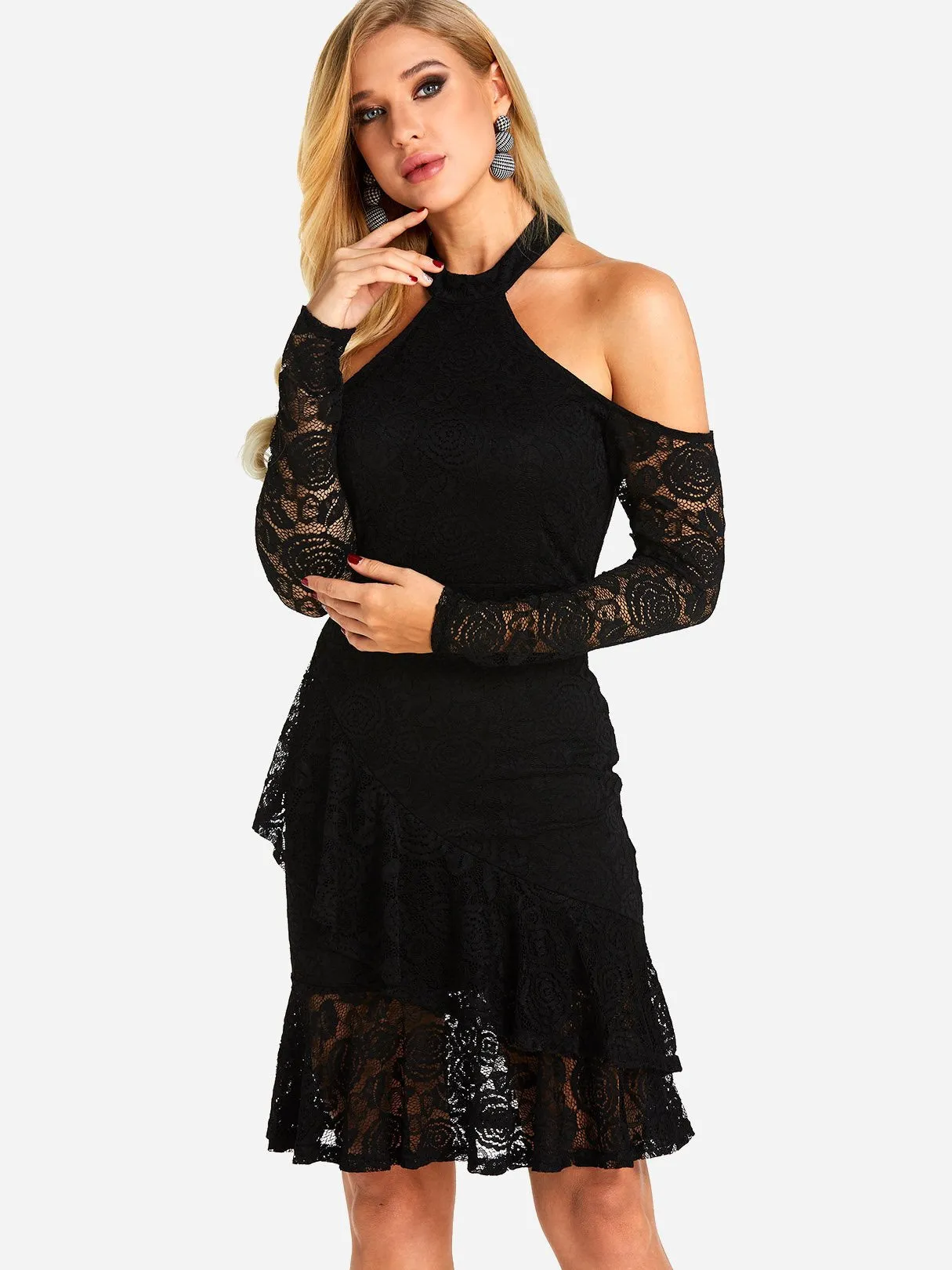 Wholesale Black Halter Long Sleeve Plain Lace See Through Ruffle Hem Sexy Dress