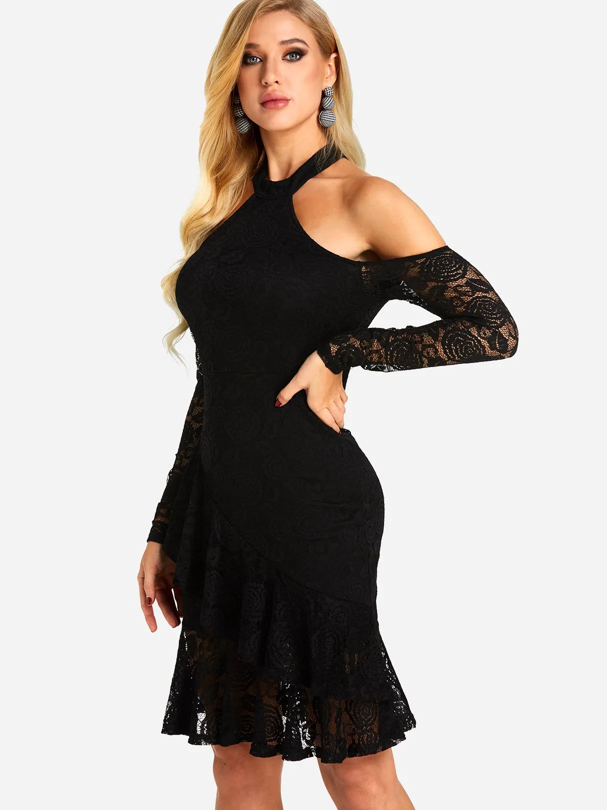 Wholesale Black Halter Long Sleeve Plain Lace See Through Ruffle Hem Sexy Dress