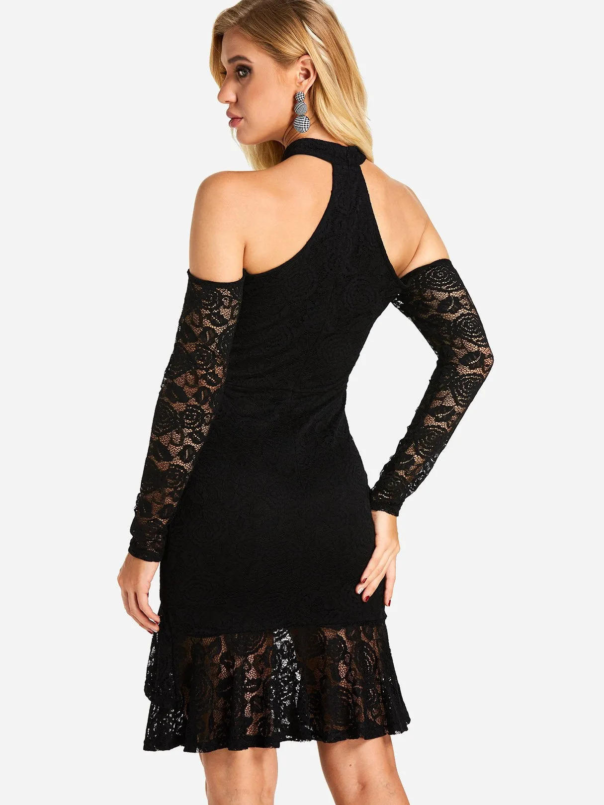 Wholesale Black Halter Long Sleeve Plain Lace See Through Ruffle Hem Sexy Dress