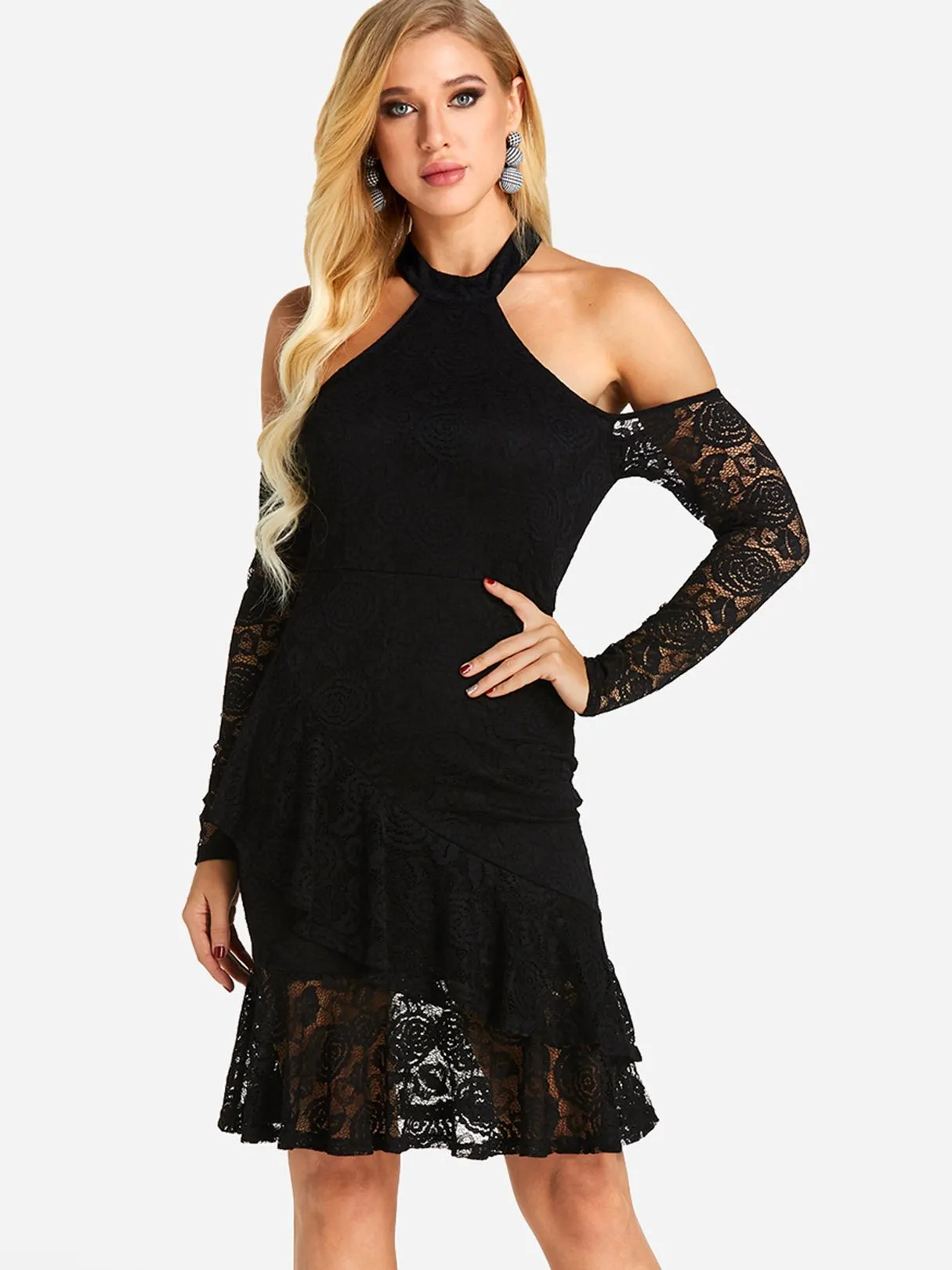 Wholesale Black Halter Long Sleeve Plain Lace See Through Ruffle Hem Sexy Dress