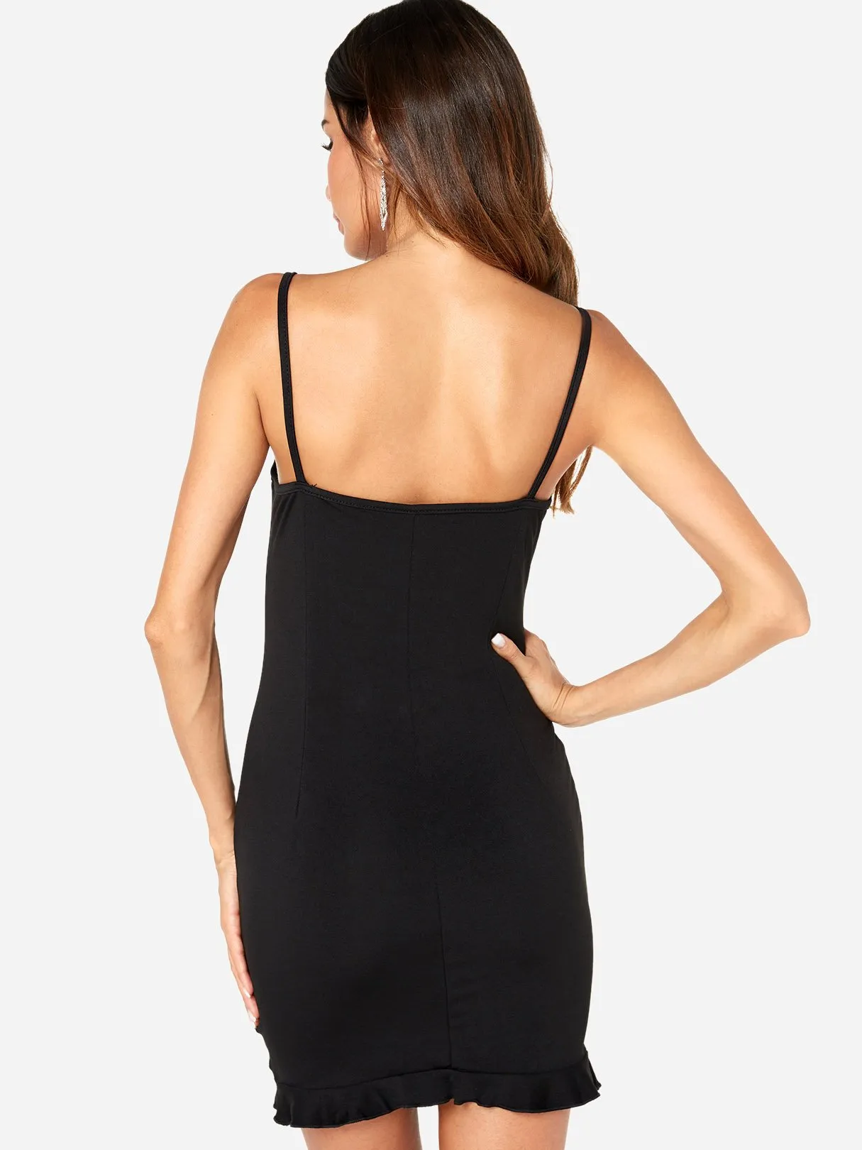 Wholesale Black Sleeveless Plain Backless Spaghetti Strap Flounced Hem Sexy Dresses