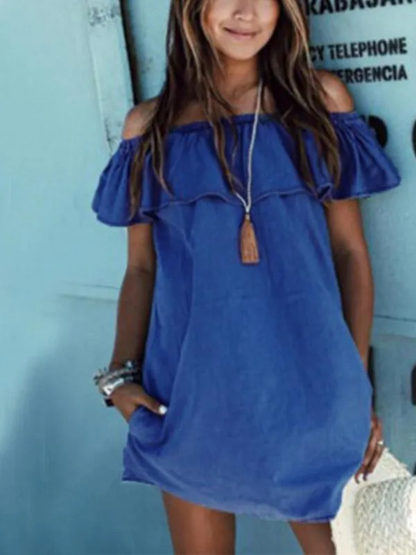 Wholesale Blue Off The Shoulder Short Sleeve Plain Sexy Dress