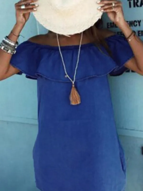 Wholesale Blue Off The Shoulder Short Sleeve Plain Sexy Dress