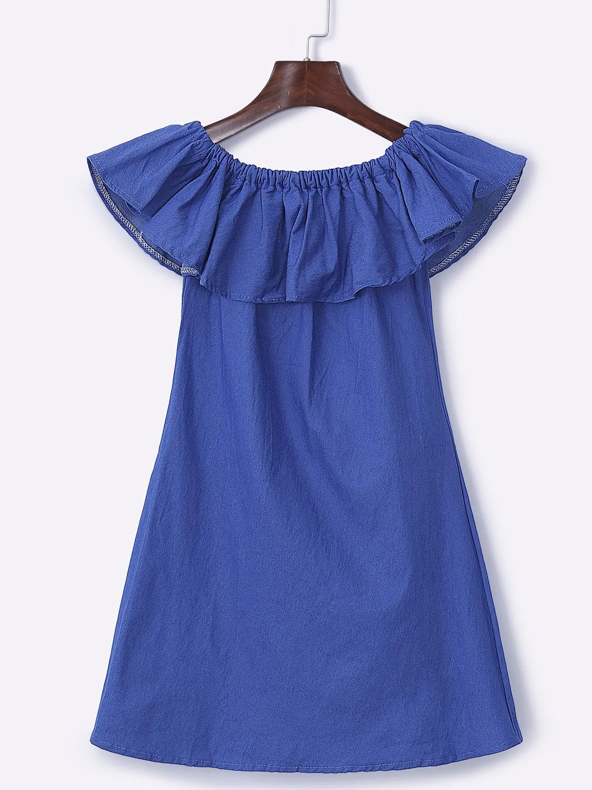 Wholesale Blue Off The Shoulder Short Sleeve Plain Sexy Dress