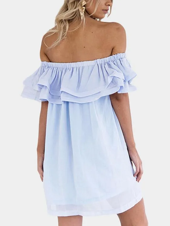 Wholesale Blue Off The Shoulder Short Sleeve Tiered Backless Sexy Dress