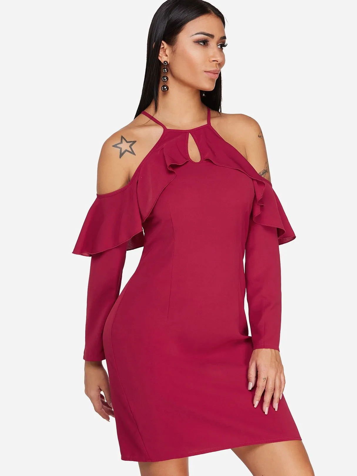 Wholesale Burgundy Cold Shoulder Long Sleeve Plain Cut Out Sexy Dresses
