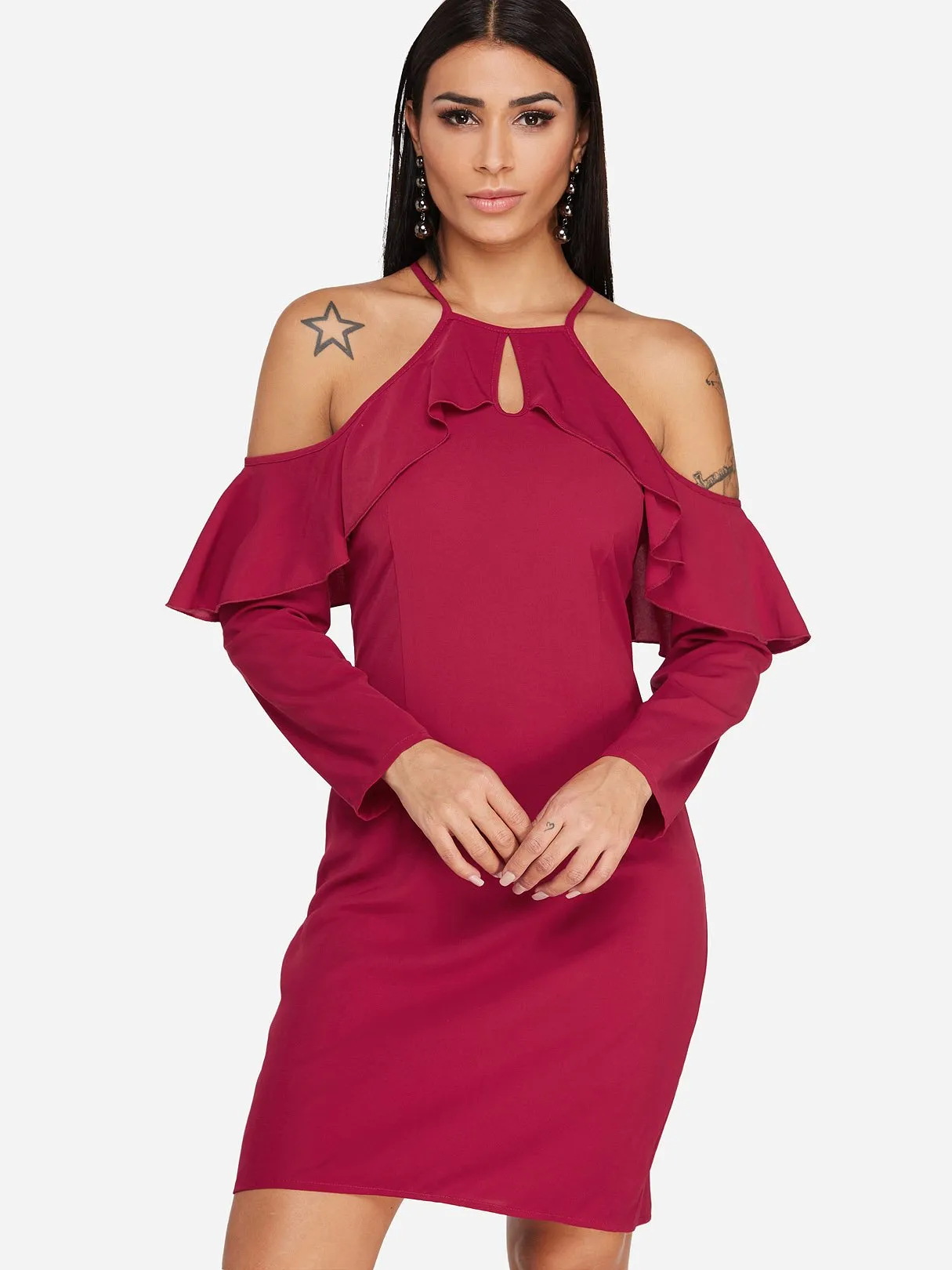 Wholesale Burgundy Cold Shoulder Long Sleeve Plain Cut Out Sexy Dresses