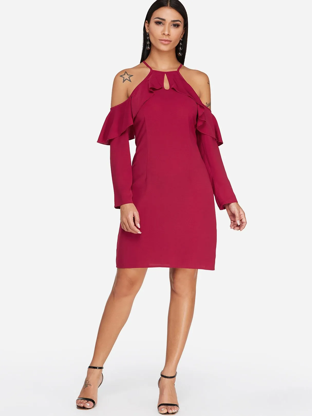 Wholesale Burgundy Cold Shoulder Long Sleeve Plain Cut Out Sexy Dresses