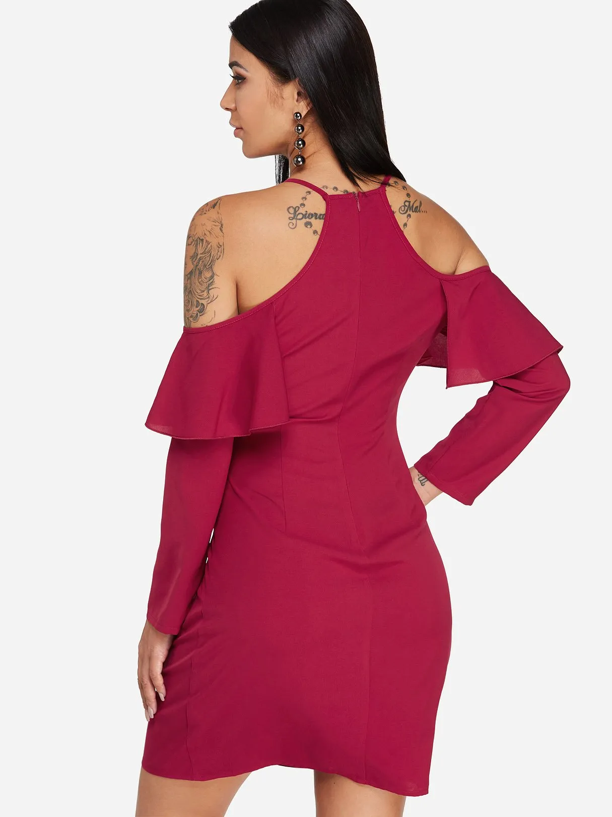 Wholesale Burgundy Cold Shoulder Long Sleeve Plain Cut Out Sexy Dresses