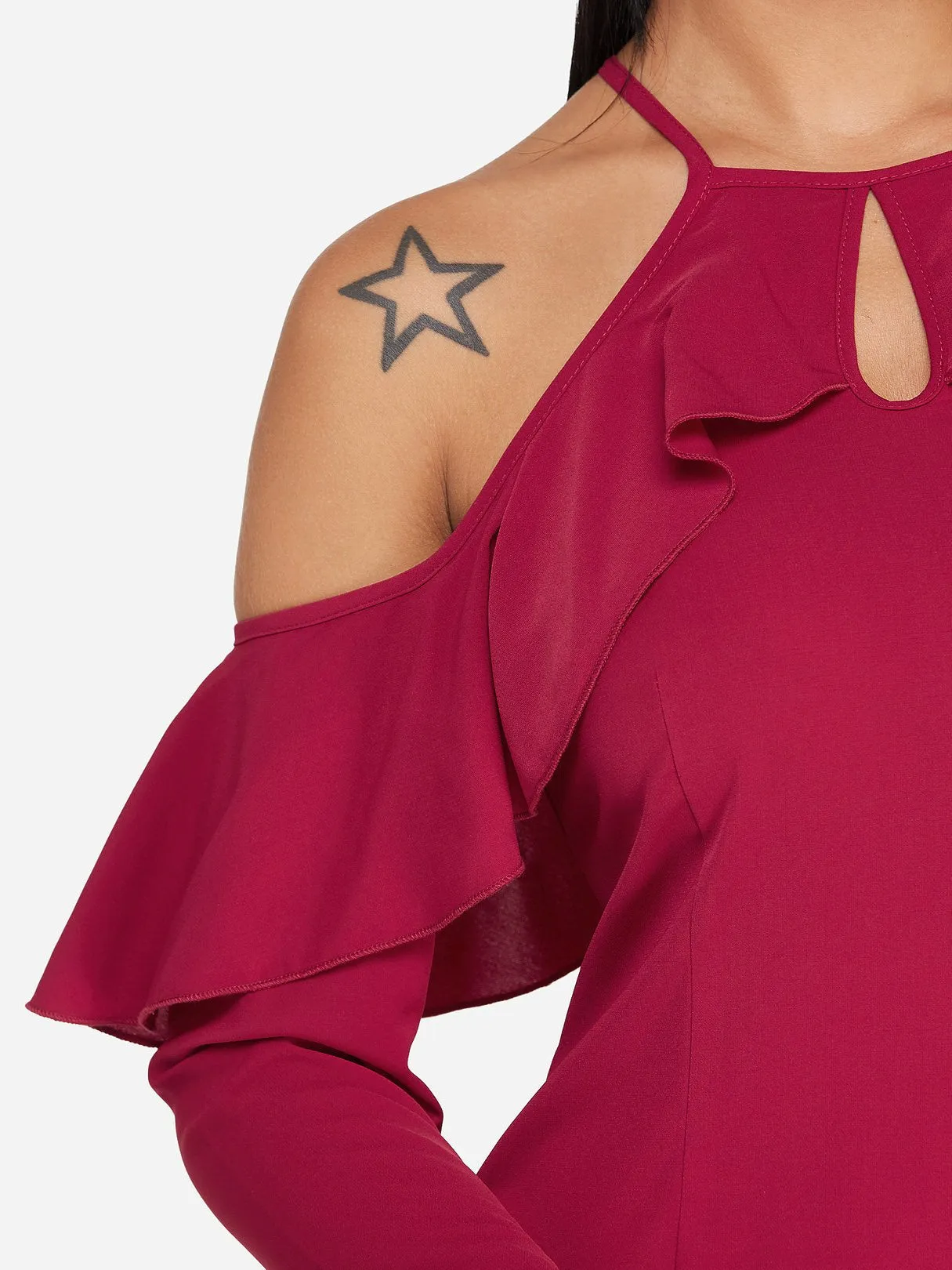 Wholesale Burgundy Cold Shoulder Long Sleeve Plain Cut Out Sexy Dresses