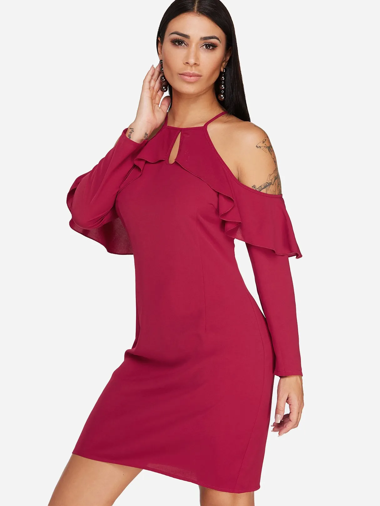 Wholesale Burgundy Cold Shoulder Long Sleeve Plain Cut Out Sexy Dresses