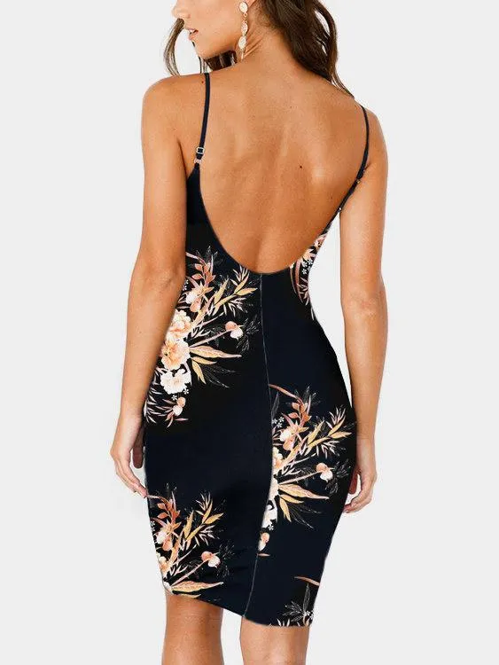 Wholesale Halter V-Neck Sleeveless Floral Print Backless Black Sexy Dresses