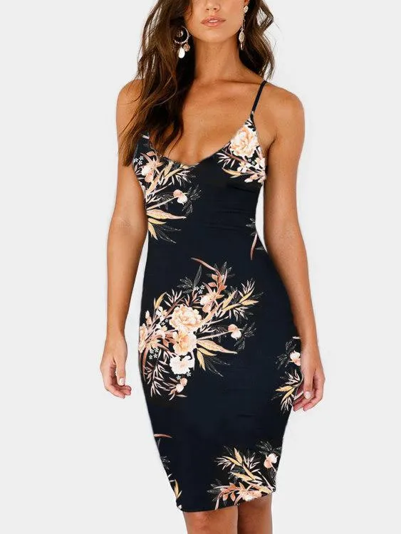 Wholesale Halter V-Neck Sleeveless Floral Print Backless Black Sexy Dresses