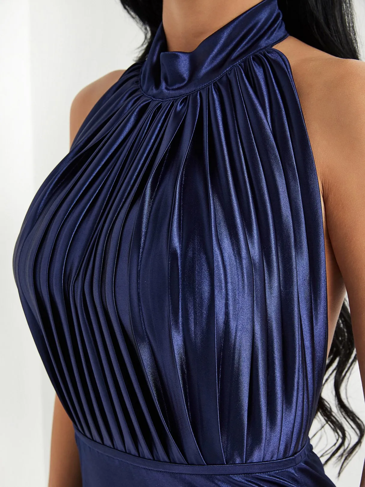 Wholesale Navy Halter Sleeveless Plain Backless Pleated Sexy Dresses